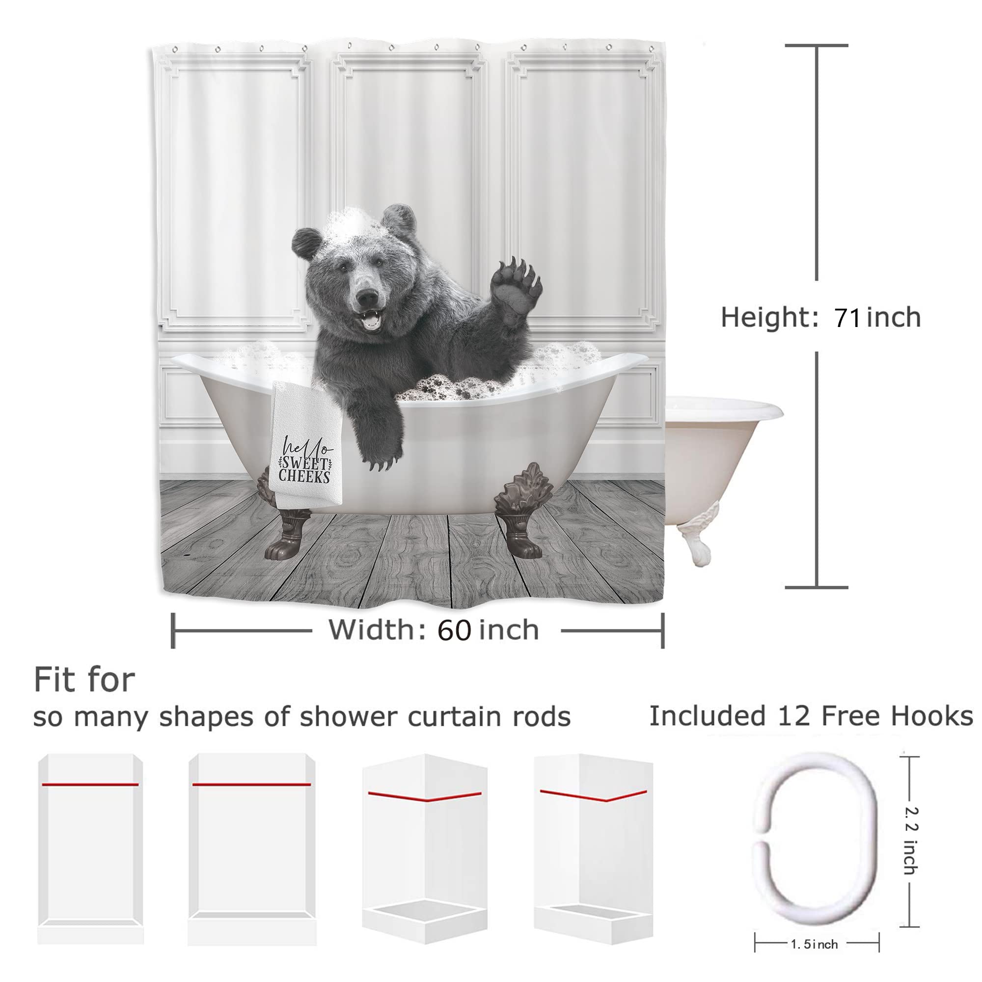 Yookeb Funny Bear Bathroom Shower Curtain 60W By 71H Inch Animal Farmhouse Cabin Hello Sweet Cheeks Polyester Fabric 12 Plastic