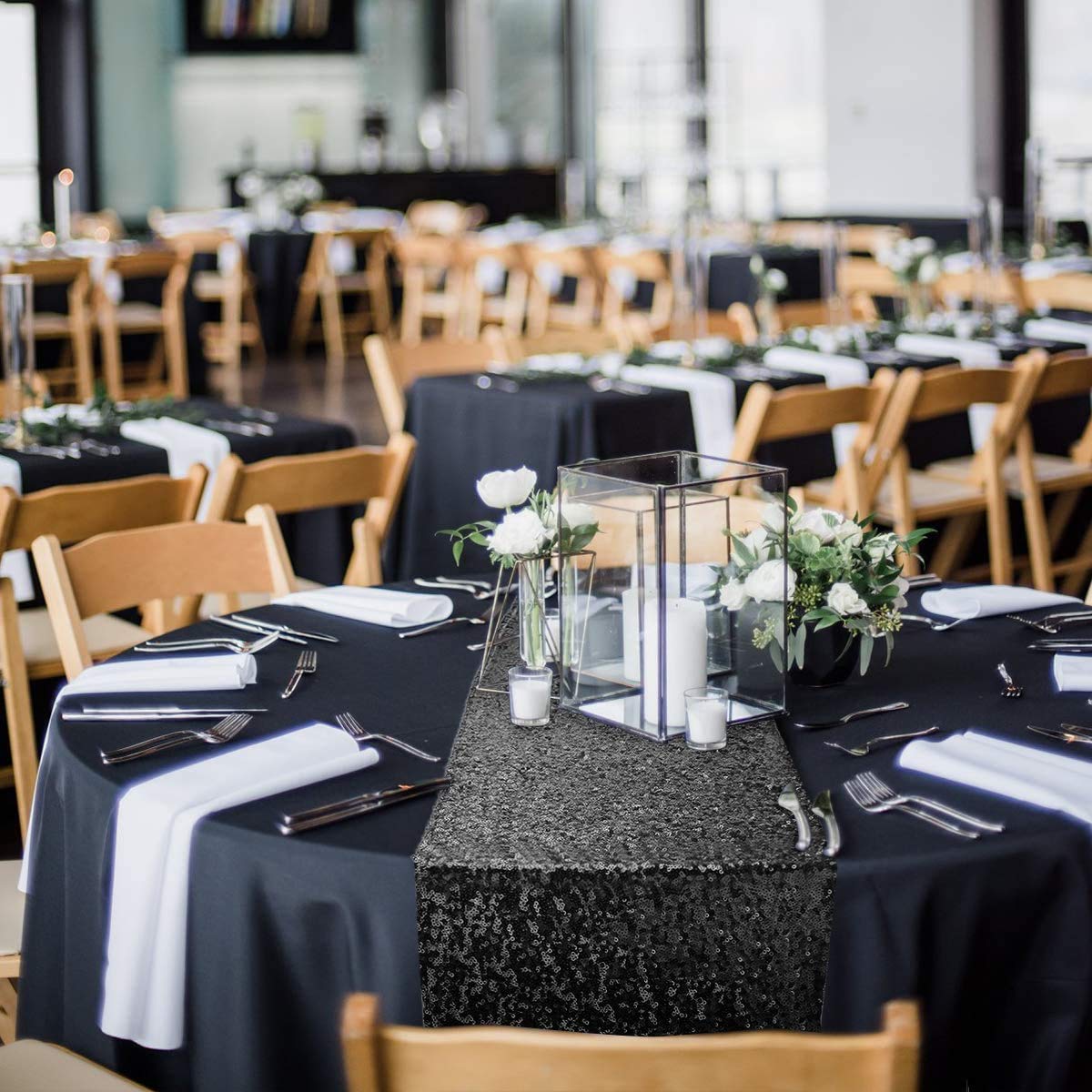 Tiosggd Black Sequin Table Runners 12''X108'', 2 Packs Glitter Table Cloth Party Suppliers For Halloween Decorations Bridal Baby
