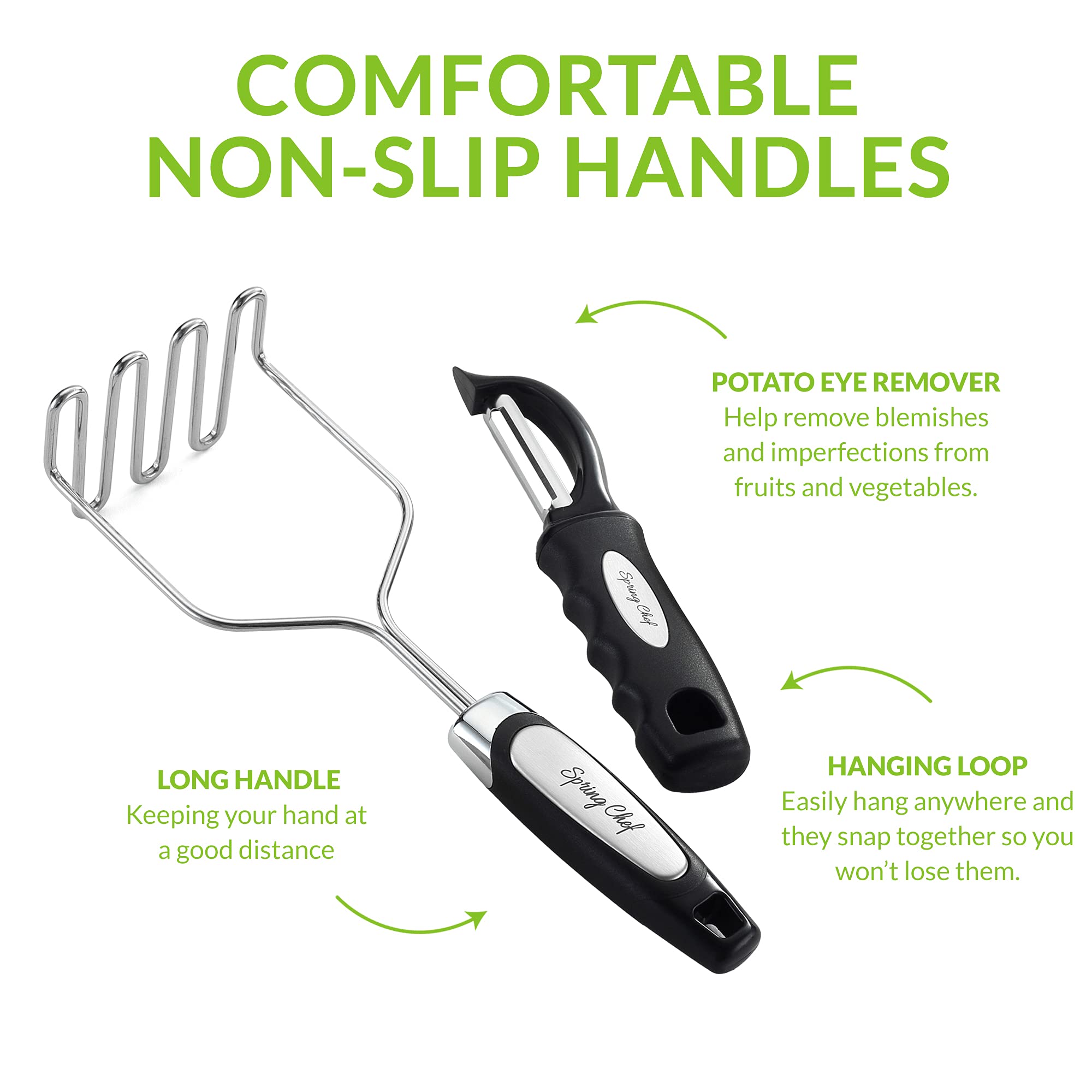 Spring Chef Stainless Steel Potato Masher With Premium Vegetable Peeler, Mashed Potato Masher - Kitchen Tool With Soft Non-Slip