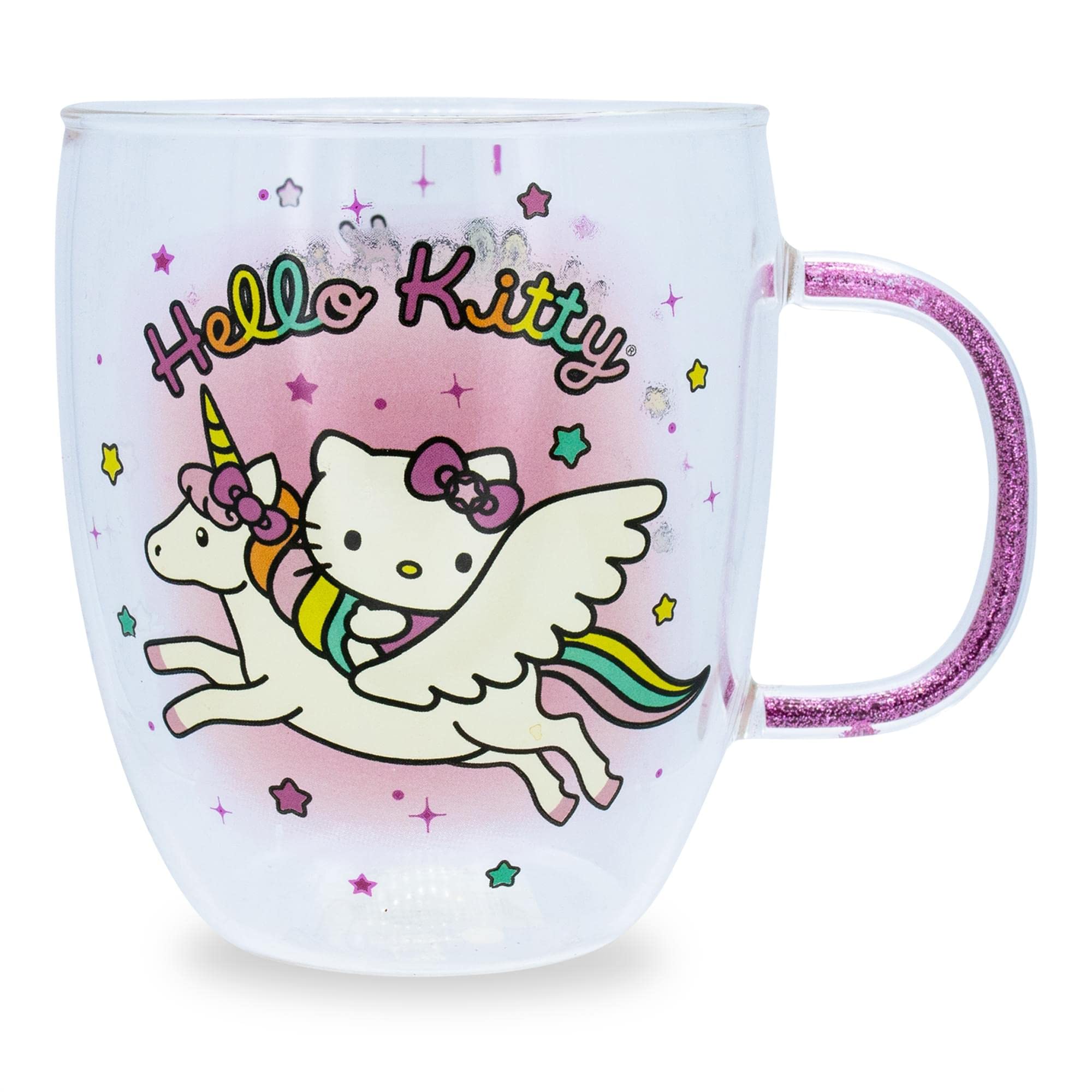 Sanrio Hello Kitty Unicorn glass Mug With glitter Handle  Holds 14 Ounces