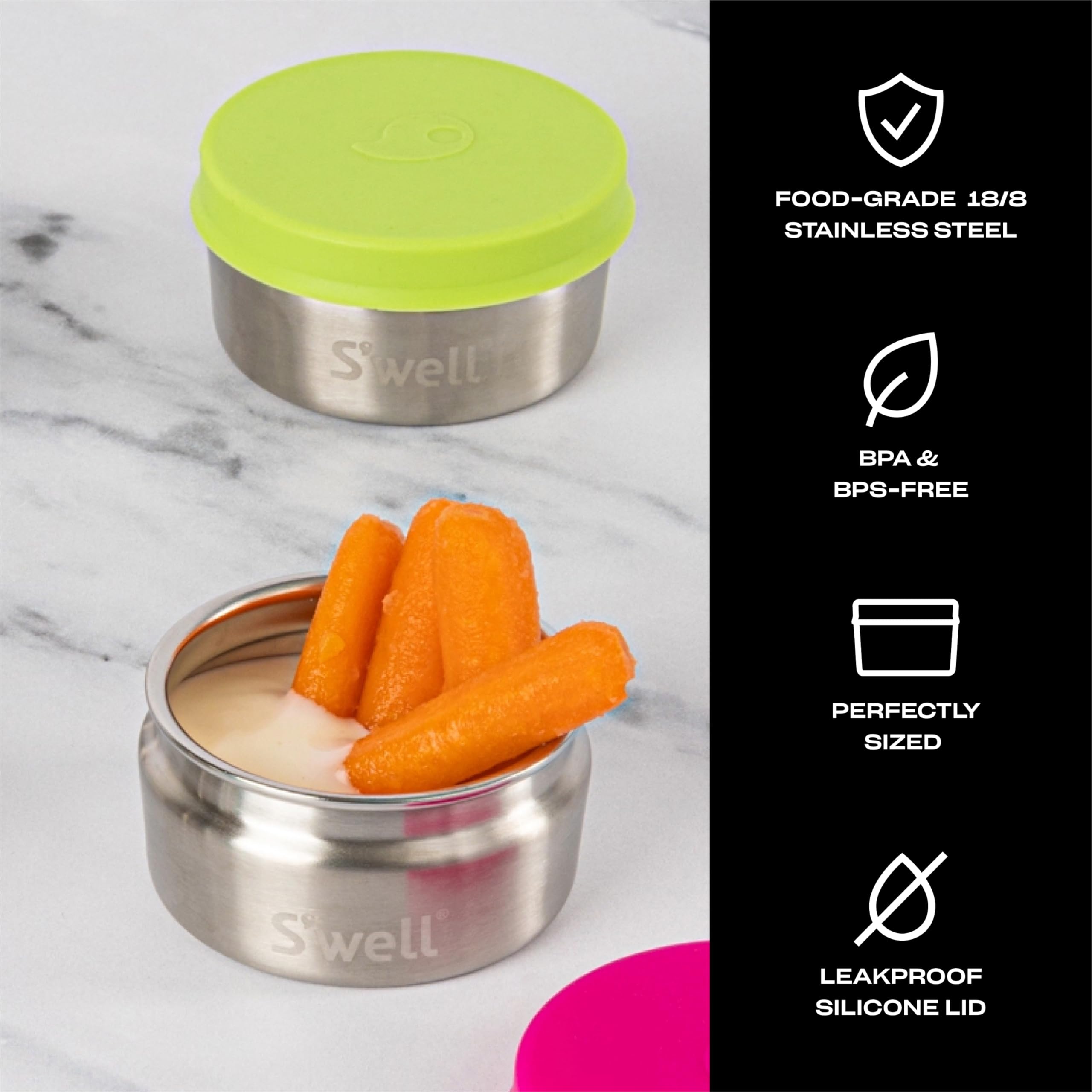 S'Well Stainless Steel Condiment Container Set Of Two, 2Oz, Dragonfruit/Kiwi, Single Walled Durable Construction, Leakproof Sili