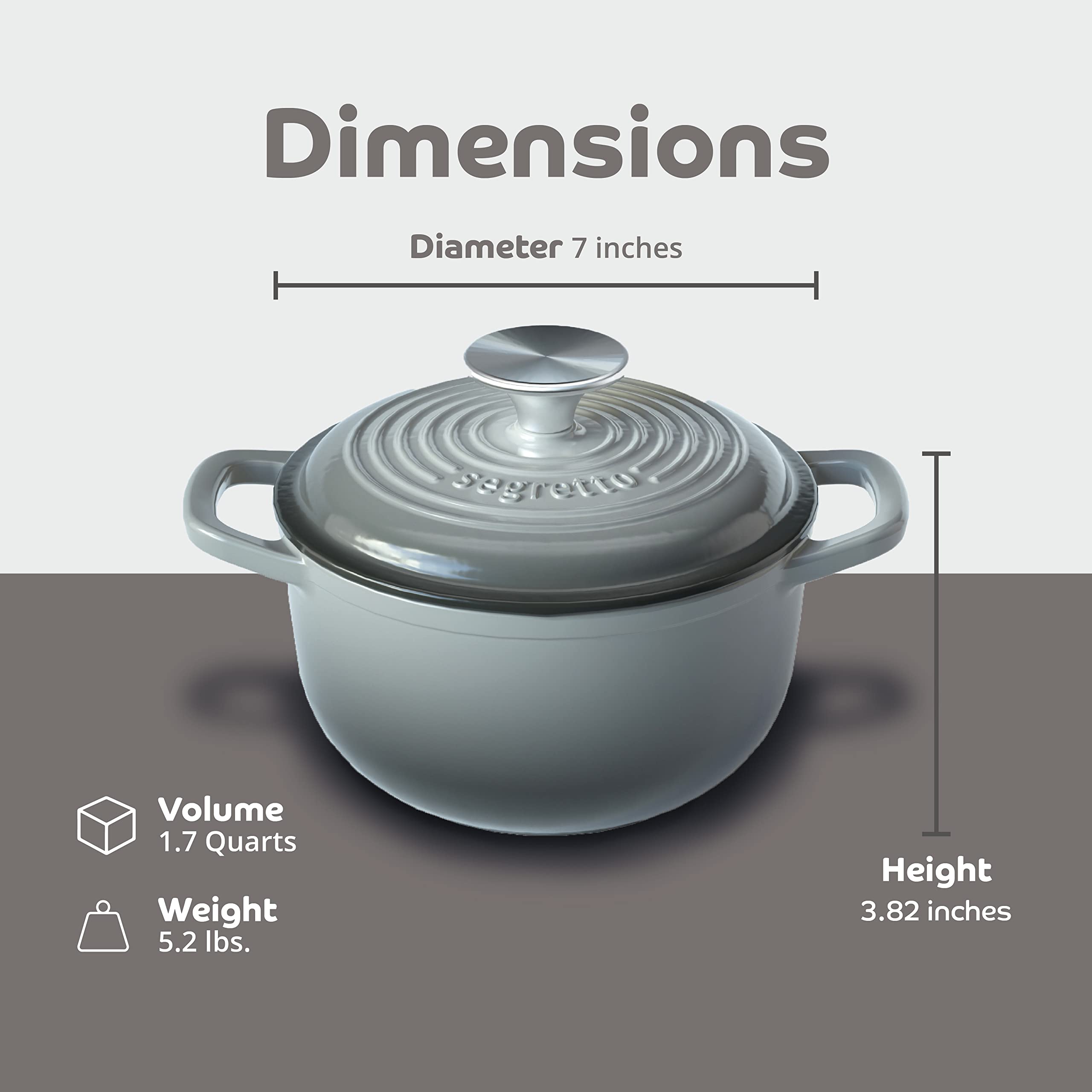 Segretto Cookware Enameled Cast Iron Dutch Oven Pot With Lid Grigio Scuro (Gradient Gray) 1.7 Quarts Dutch Oven Cast Iron With H