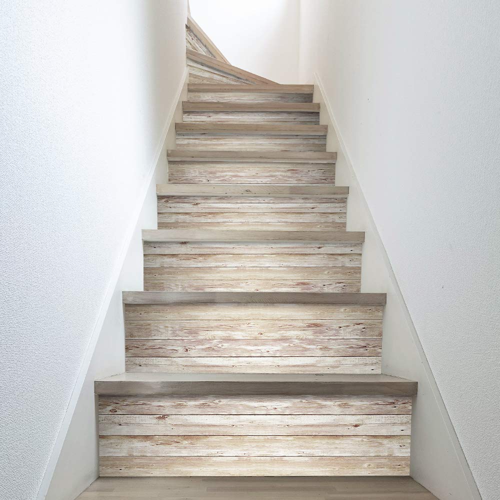 Funlife 13Pcs Self-Adhesive Stair Stickers, Peel And Stick Staircase Decal, 39.37''X7.09'' Rustic Pattern