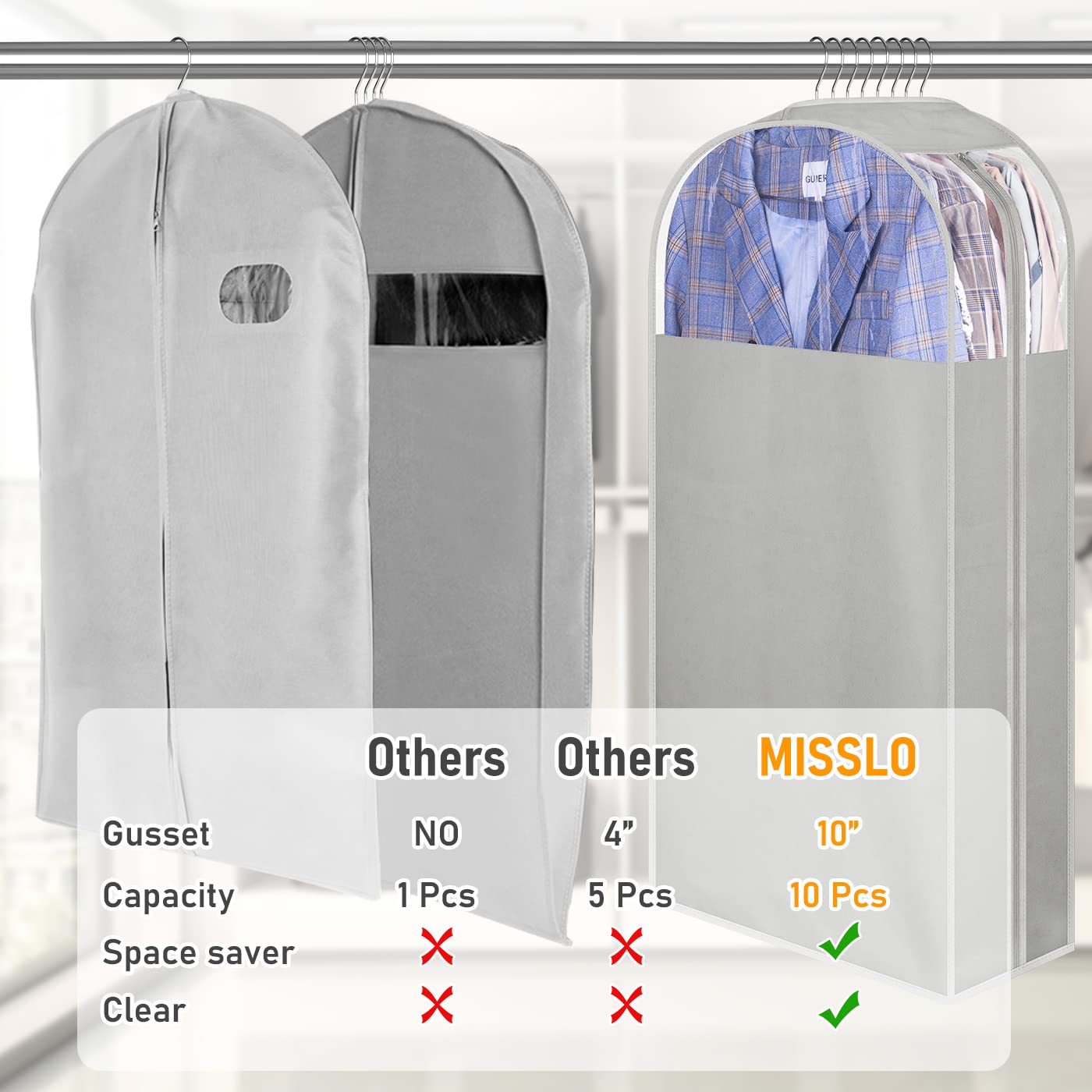 MISSLO 10'' Gussetes Garment Bags for Hanging Clothes 40'' Clear Suit Bags for Closet Storage Suit Cover Bags Coat Protector  3 Packs  Grey