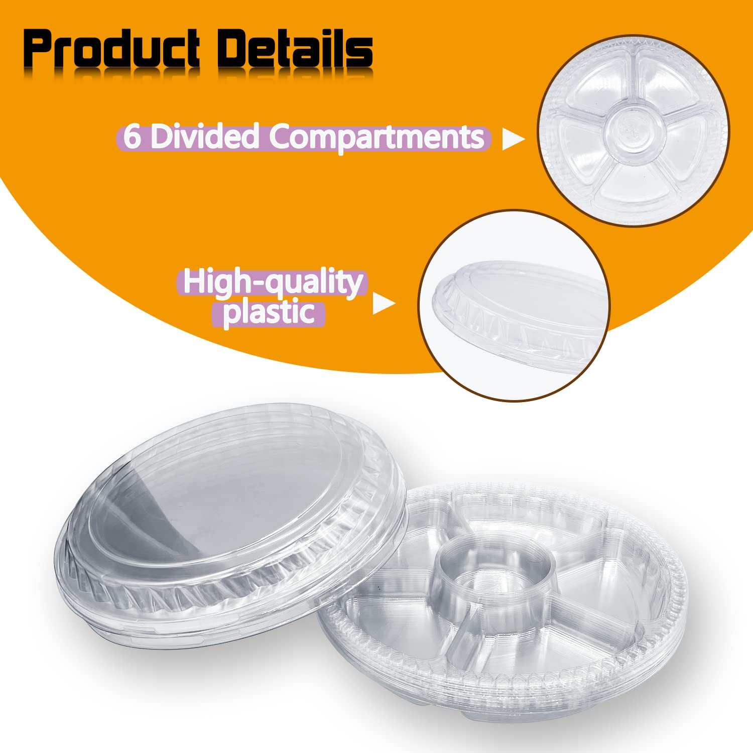 12 Pack Plastic Appetizer Trays With Lids,Disposable Compartment Serving Platters,6 Sectional Catering Trays For Serving Food