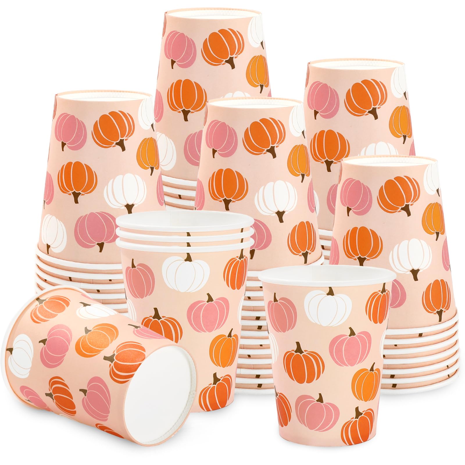 FYSUIMU 100Pcs Fall Paper Cups 9oz Pink Orange Pumpkin Drinking Cup A Little Pumpkin Disposable Cups for Autumn Thanksgiving Tab