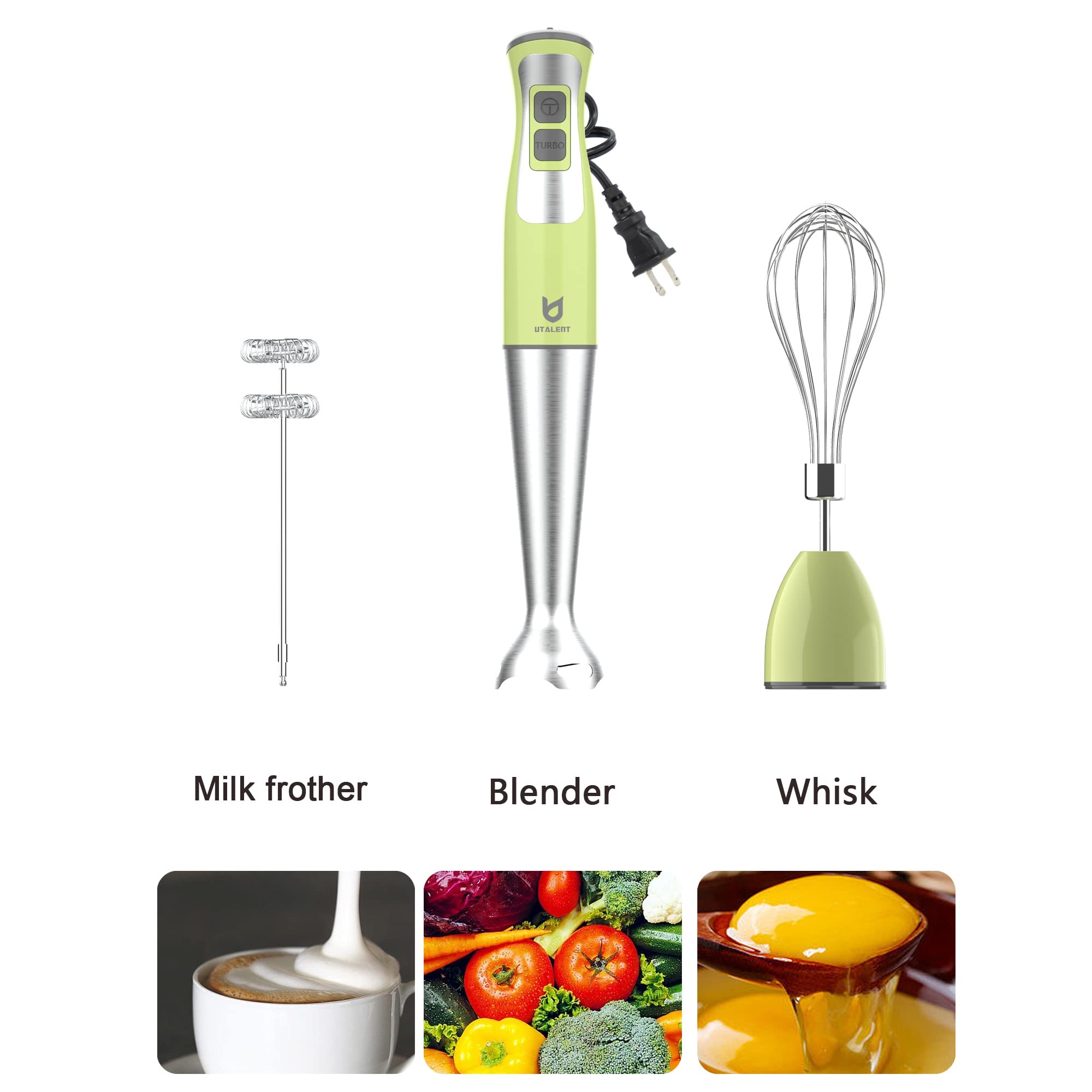 Immersion Hand Blender  UTALENT 3-in-1 8-Speed Stick Blender with Milk Frother  Egg Whisk for Coffee Milk Foam  Puree Baby Food  Smoothies  Sauces and Soups - Green