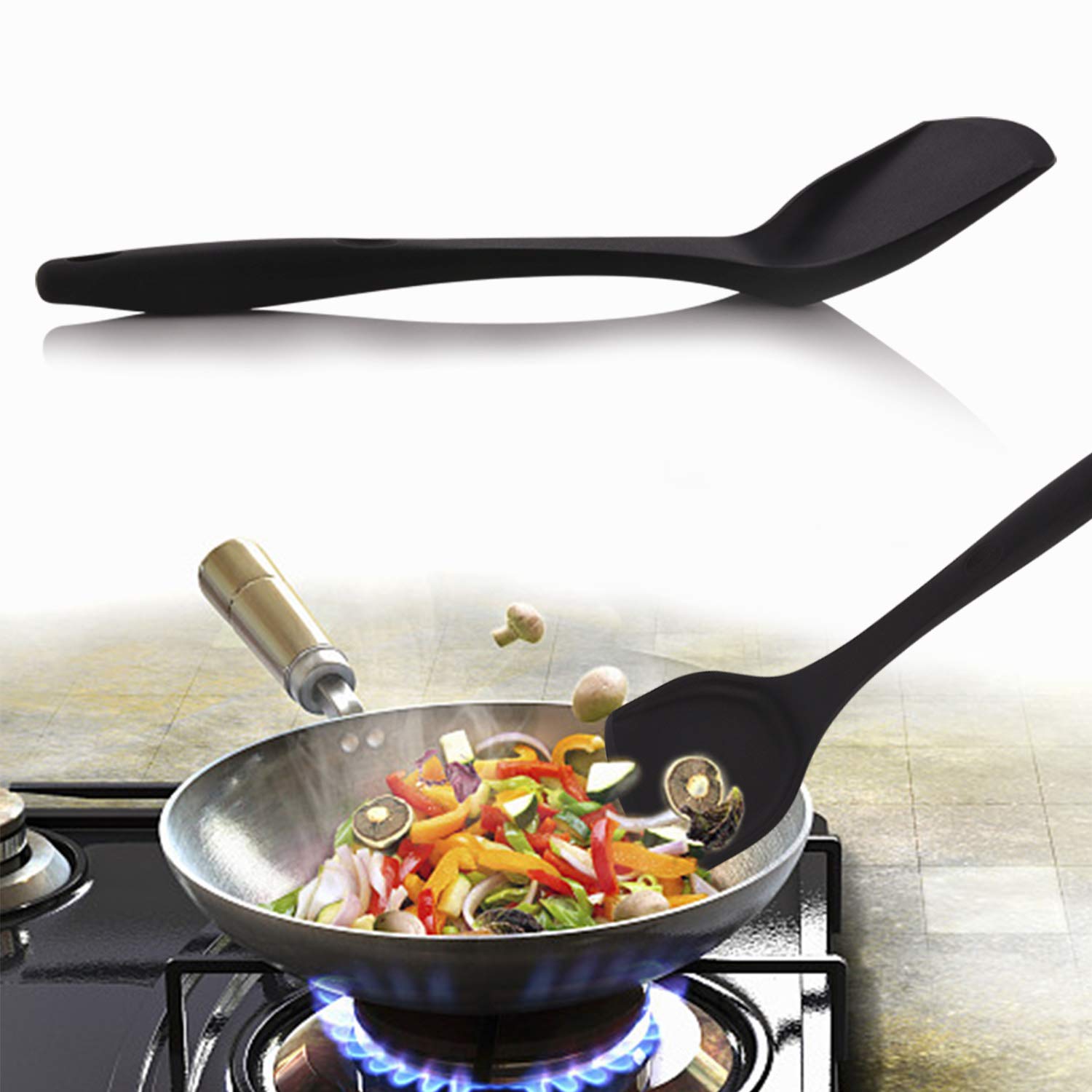 Silicone Wok Spatula, Upgrade Nonstick Spatula Turner Heat Resistant Solid Silicone Stir Fry Spatula For Non Stick Cookware (Bla