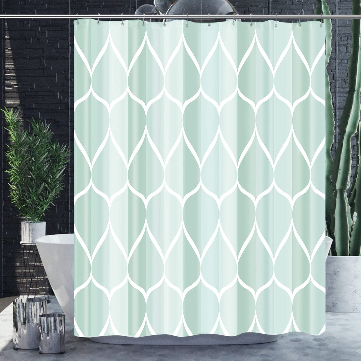 Gelbchu Light Green Geometric Shower Curtain, Waterproof Design And Polyester, Quick-Drying, Weighted Hem, Green Fabric Shower C