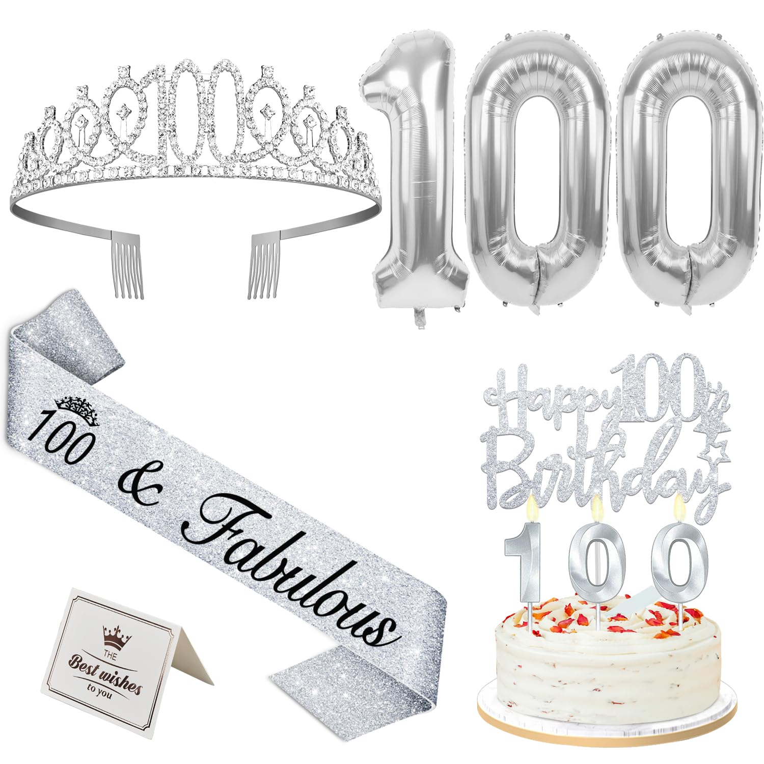 100th Birthday Decorations for Women Silver with 100th Birthday Sash and Tiara, Cake Topper and Candles, Silver Number Balloons,