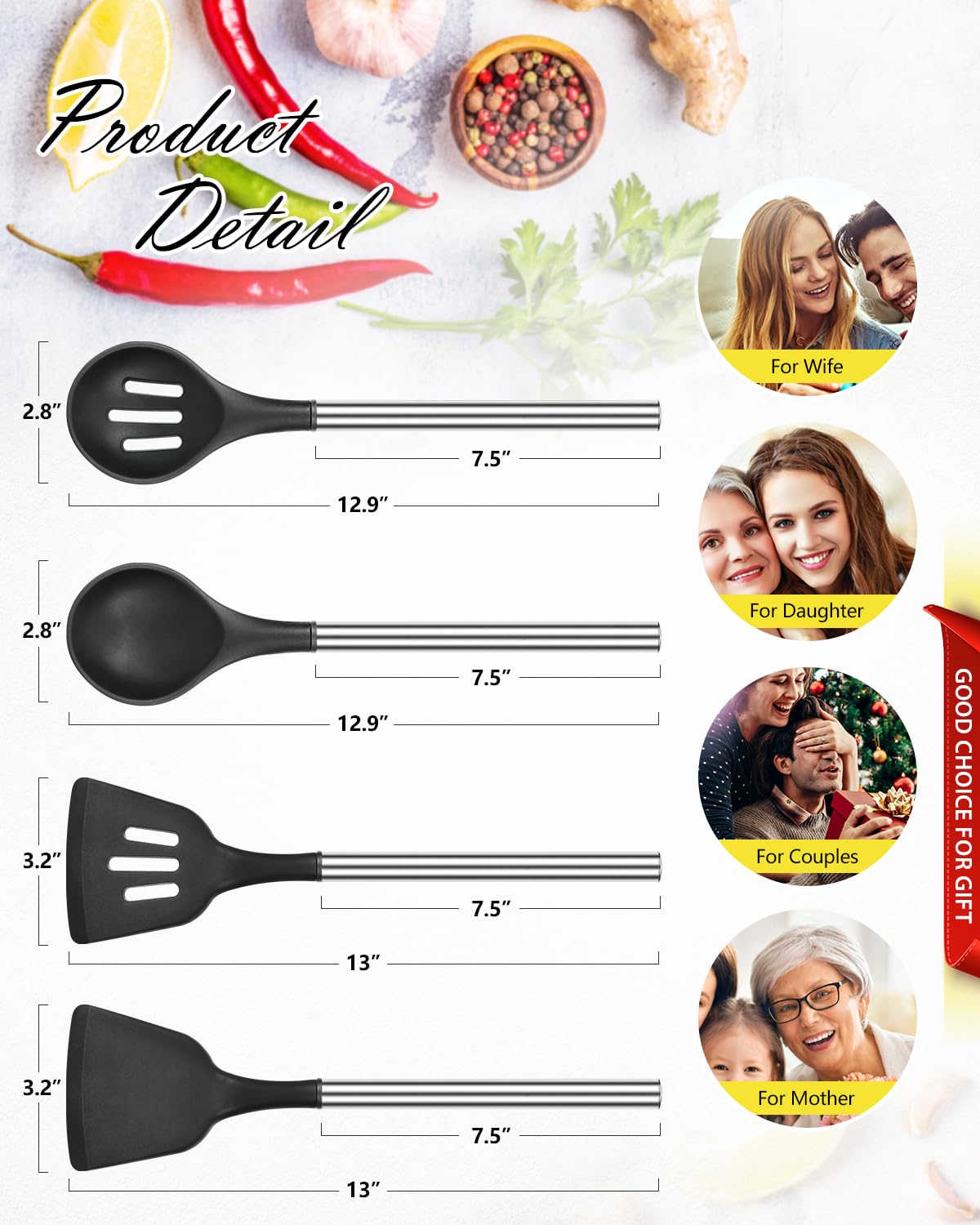 4 Pcs Silicone Kitchen Utensils Set, Wok Spatulas-Slotted Turner-Cooking Spoon-Slotted Spoon, Non-Stick Bpa Free Heat-Resistant