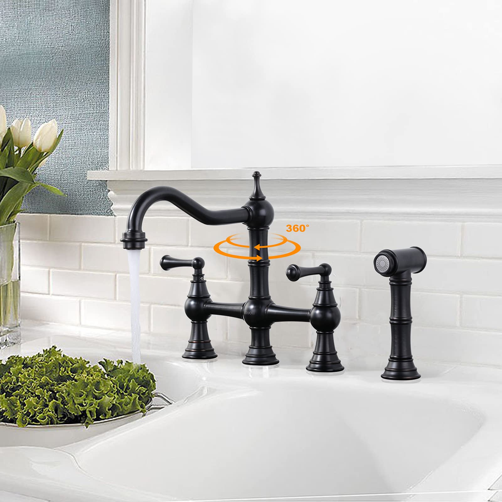 Wowow Brass Kitchen Faucet With Side Sprayer, 8 Inch Centerset Bridge Faucet For Kitchen Sinks, 4 Hole Kitchen Faucet Bronze Vin