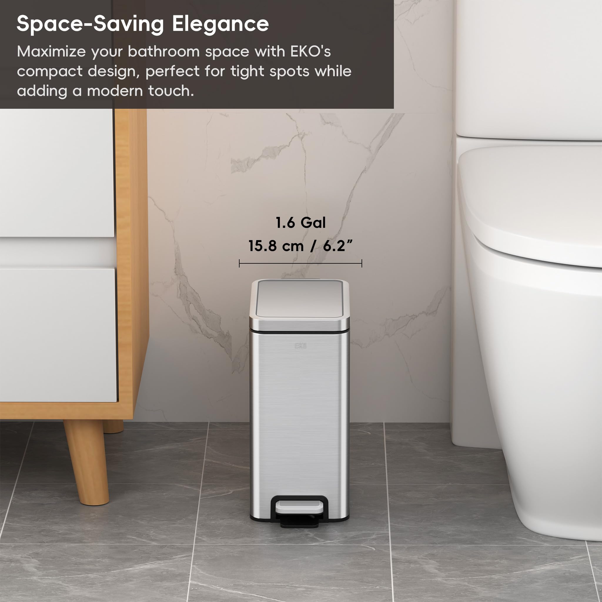 Eko Small Bathroom Trash Can With Lid Soft Close, Step Pedal, 6 Liter / 1.6 Gallon Stainless Steel Garbage Can With Removable In
