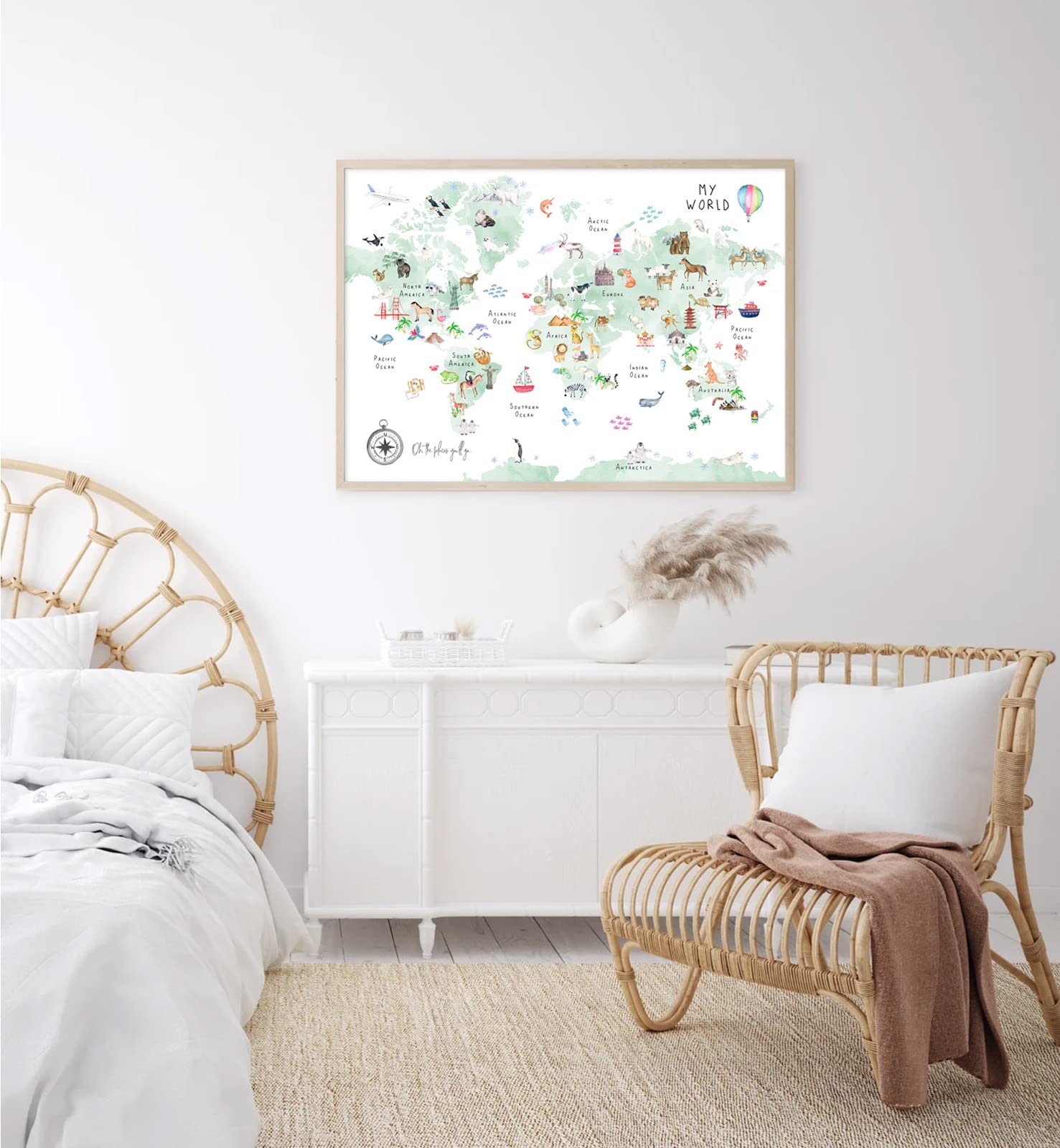 Joocrise Green Kids World Map Wall Art Animal Map Canvas Wall Art Educational Wall Art Nursery Wall Decor World Map Poster Child