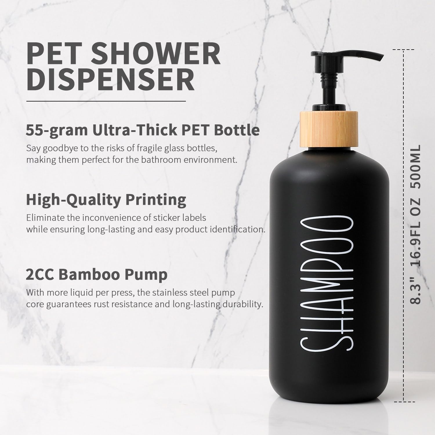 Momeemo Black Shower Soap Dispenser Set, Contains 3 Extra-Thick Pet Plastic Bottles With Bamboo Pumps, Shampoo Bottles Refillabl