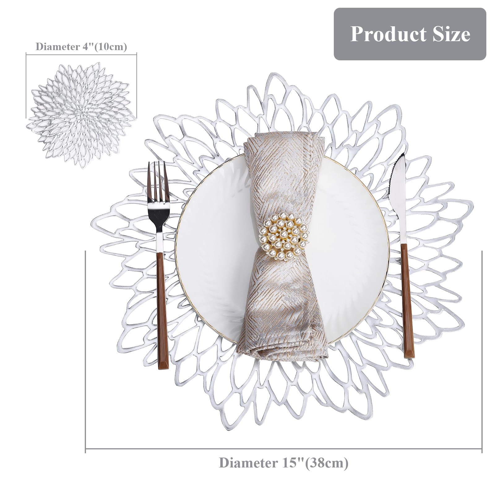 U'Artlines 6 Pair Silver Floral Hollow Out Placemats With Matching Coasters, Total 12 Pcs Metallic Laminated Vinyl Placemats Non
