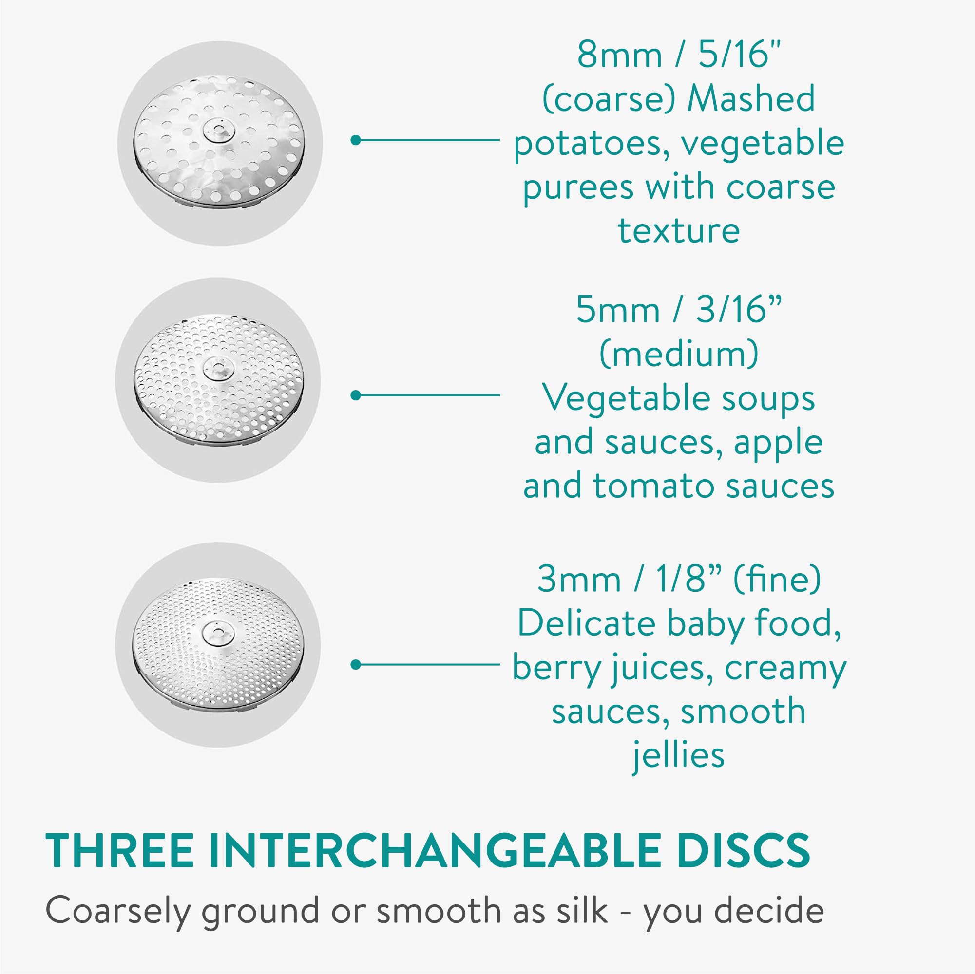 Navaris Food Mill - 8.1 '' Stainless Steel Rotary Food Mill Sieve Grater with 3 Grinding Discs - Vegetable Strainer Sauce Maker to Grind/Puree Food