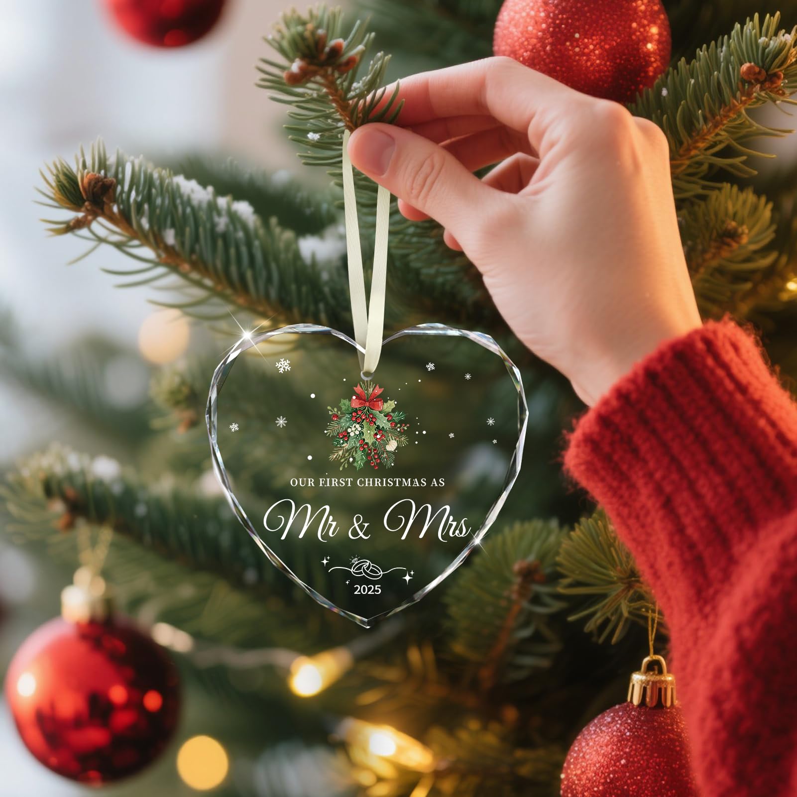 Wedding Gifts for Couples 2025, Our First Christmas as Mr and Mrs Ornament 2025 Engagement Gift Crystal Glass Ornament Newlywed