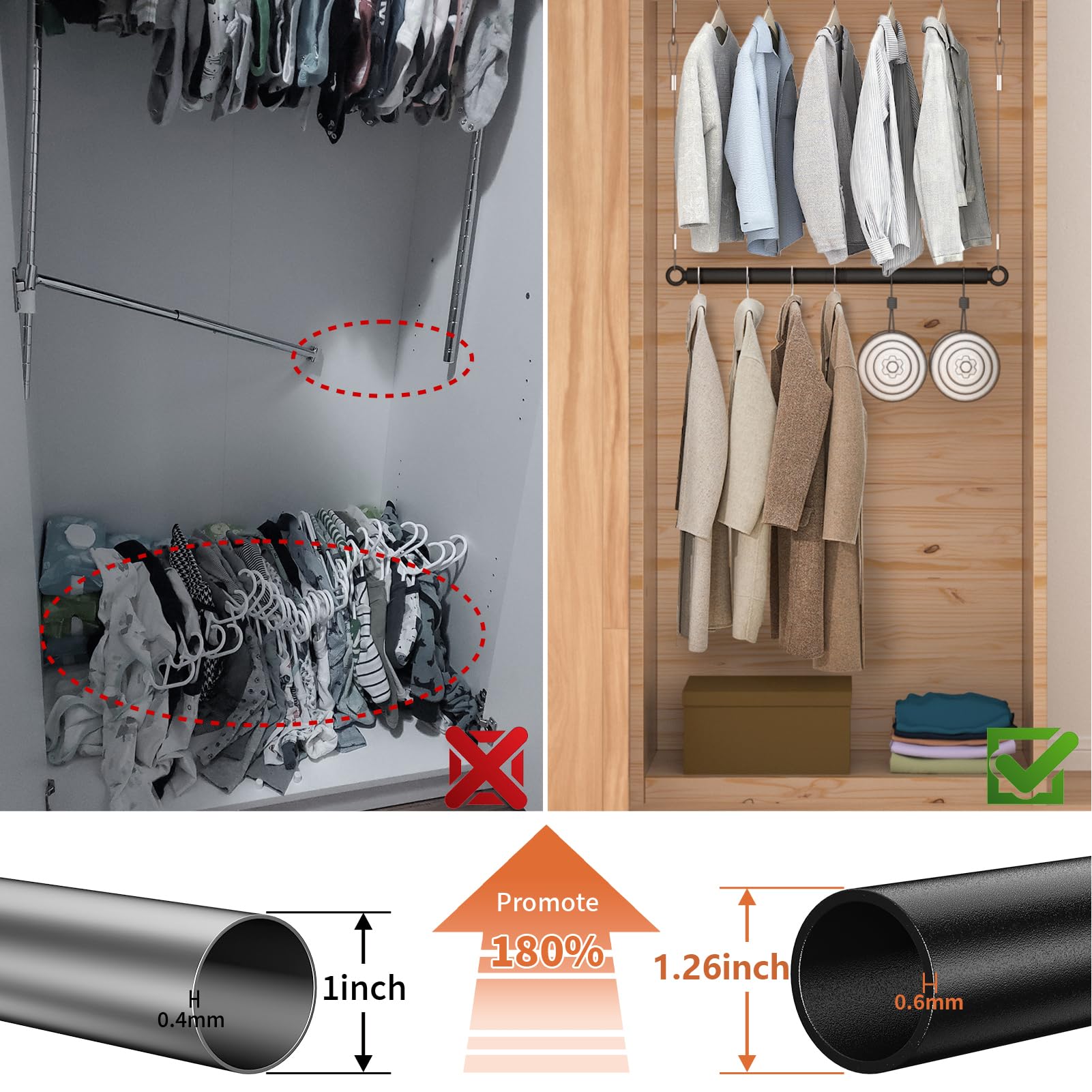 Qufiona Closet Hanging Rod 44 Inches - 1 1/4Inch Diameter Heavy Duty Closet Extender Hanging Rod - Space Saving Hanging Closet R