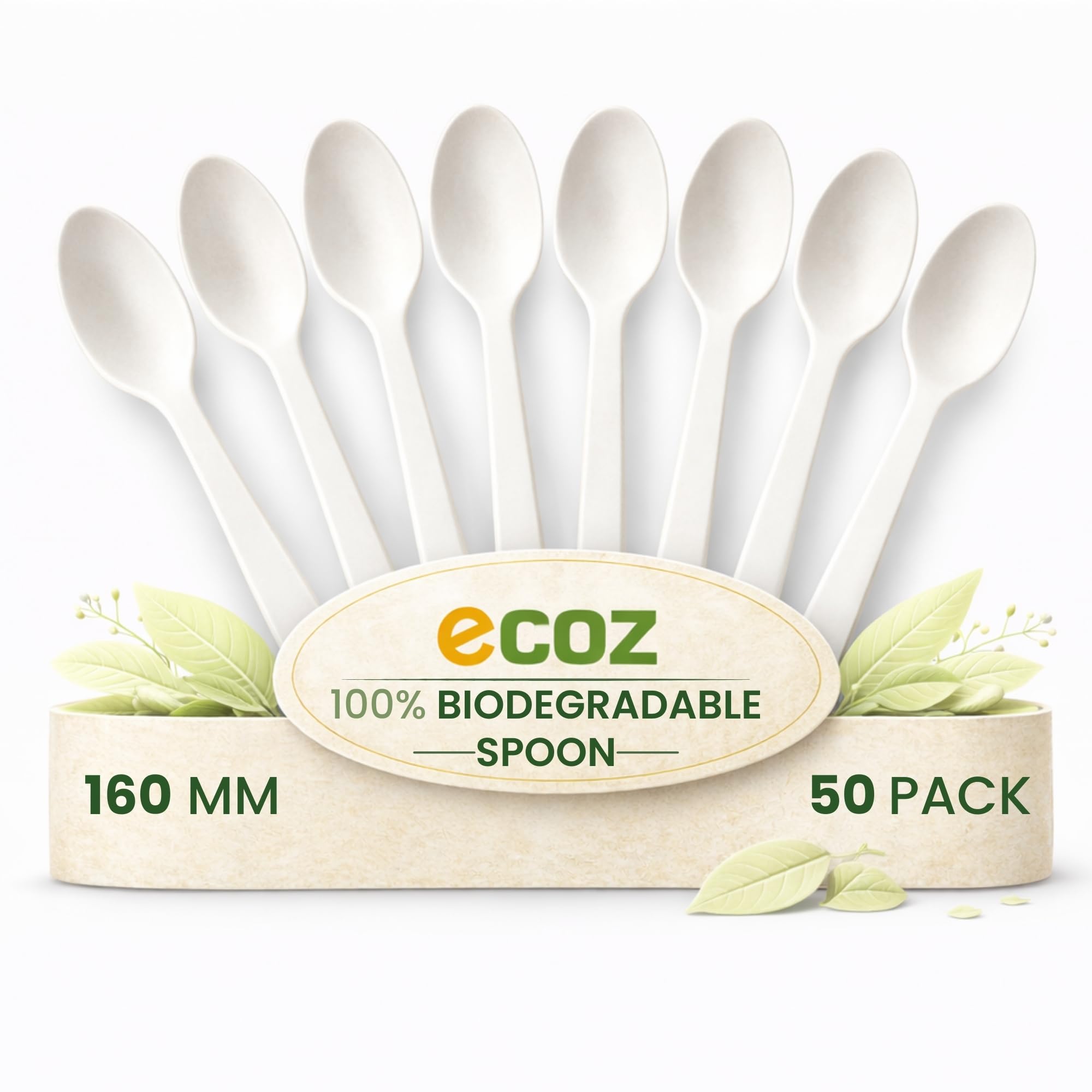 Ecoz Biodegradable Cornstarch Disposable Spoons 6 Inch (160 Mm) Pack Of 50 | Eco Friendly Compostable Plastic Free Cutlery | Ide