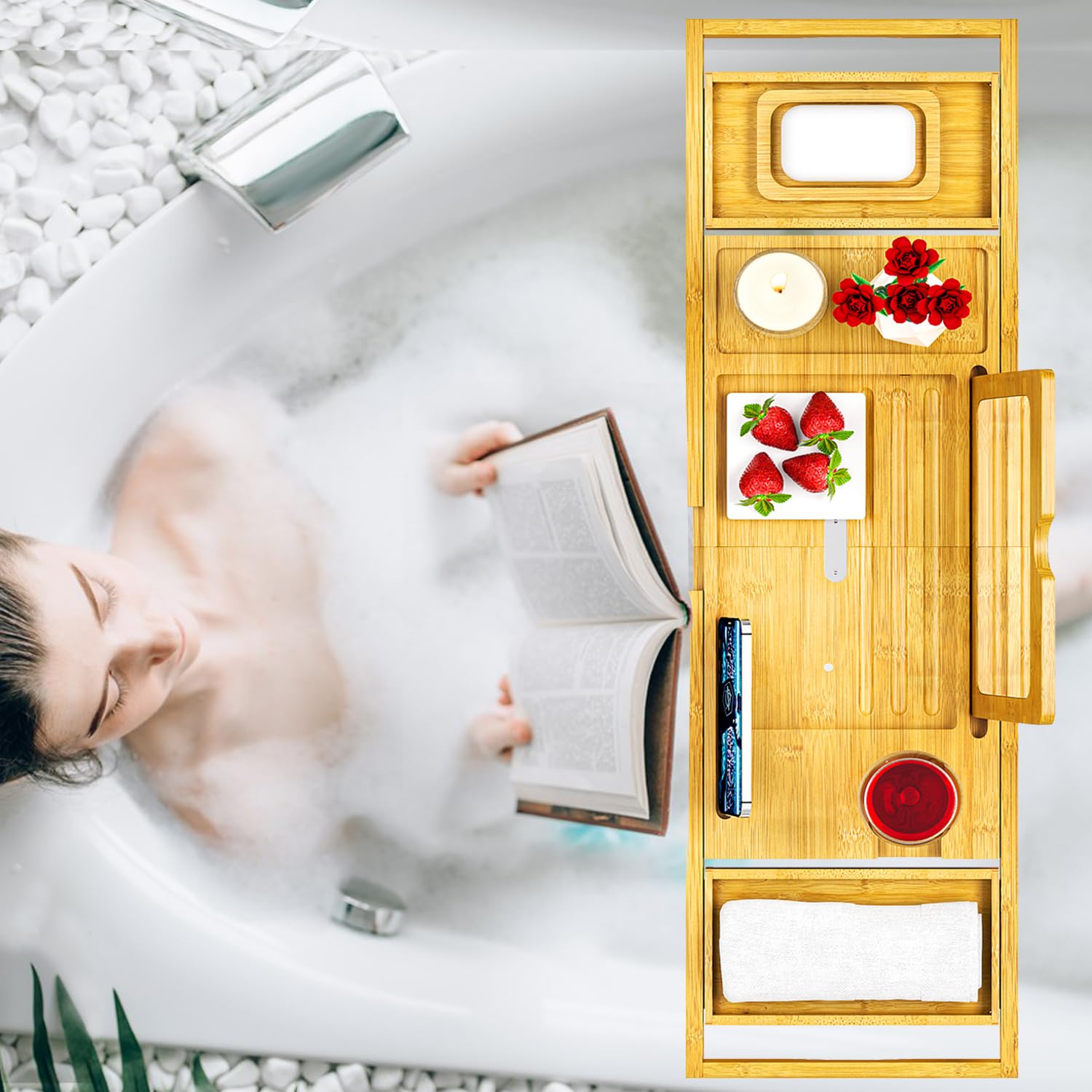 Premium Bathtub Tray Caddy With Makeup Mirror Bamboo - Bath Tray Expandable- Unique House Warming Gifts, New Home, Anniversary &