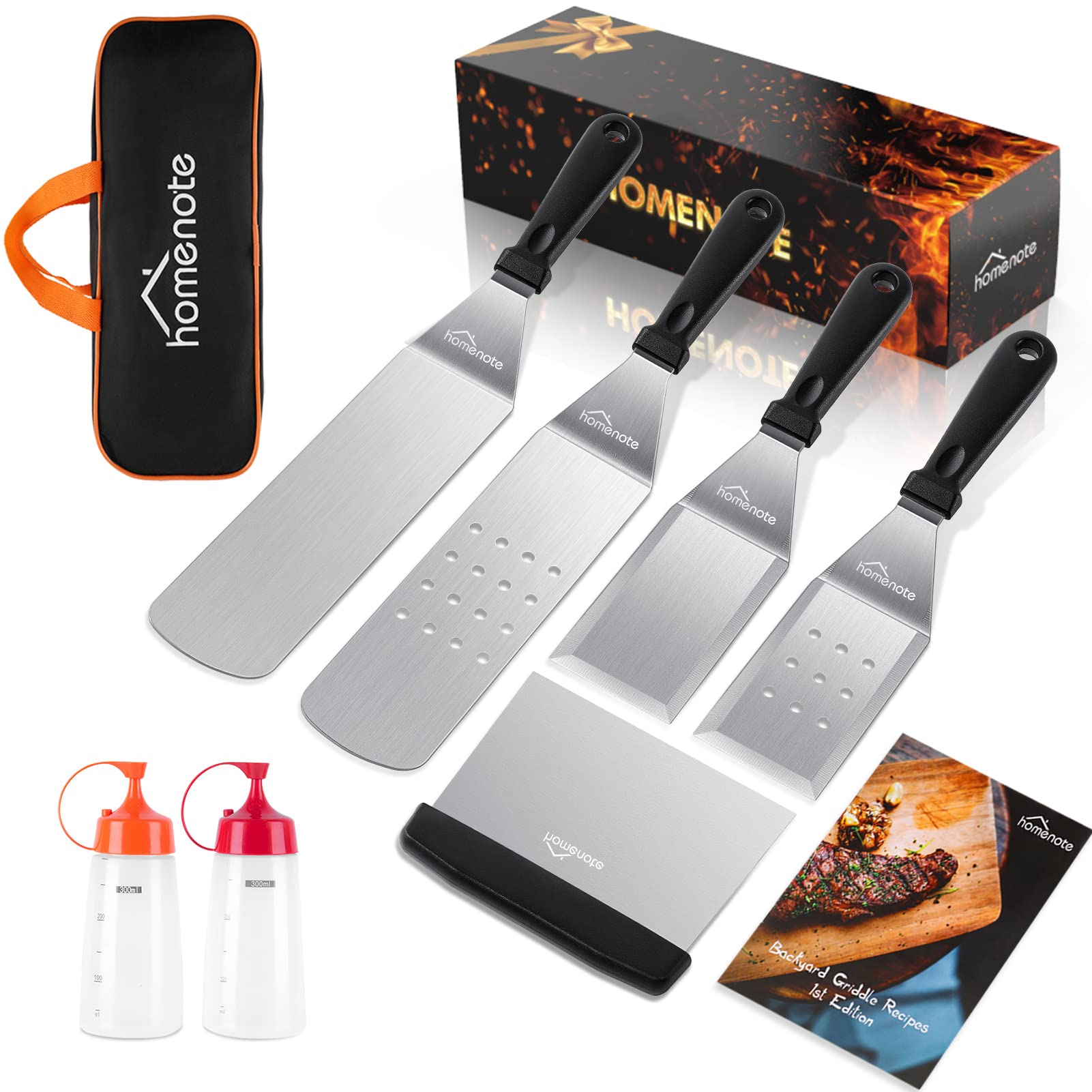 HOMENOTE Griddle Accessories Kit  7Pc Professional BBQ Kit in Gift Box - Heavy Duty Wooden Handle Stainless Steel Griddle Tool Set Great for Grill Flat Top Cooking Camping