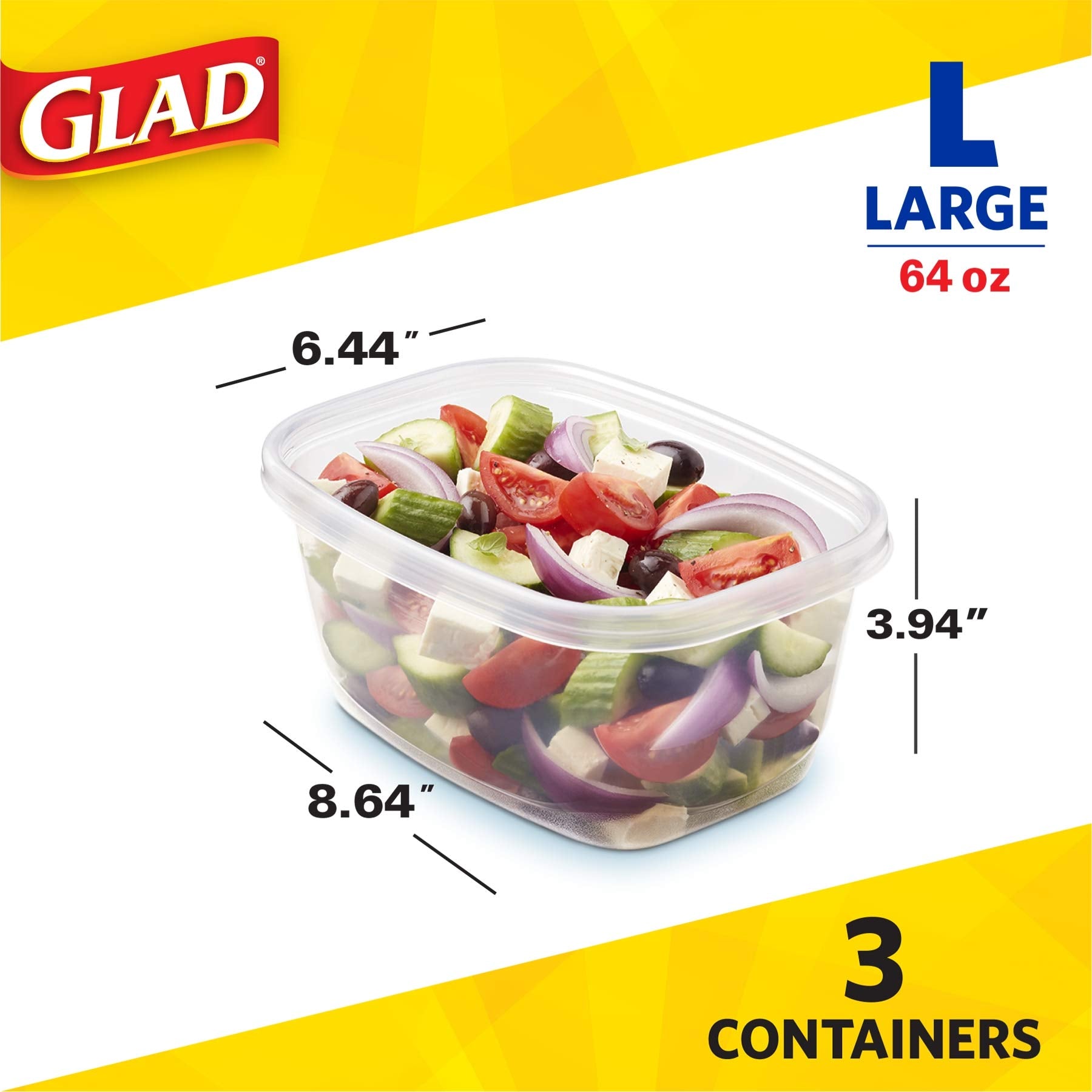 GladWare Deep Dish Food Storage Containers, 64 oz, Plastic, 3 Count, Lock Tight Seal, Large Rectangle