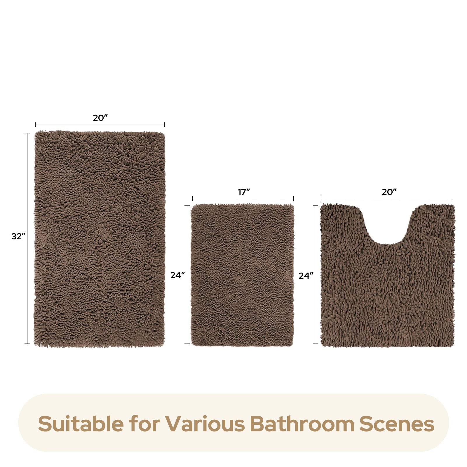 HOMEIDEAS 3 Pieces Bathroom Rugs  Ultra Soft Non Slip Absorbent Chenille Toilet Bath Mat Set (Brown)