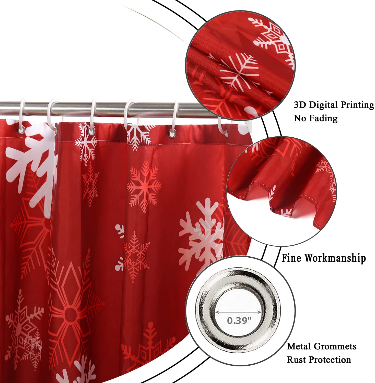 Gcirec Christmas Snowflake Shower Curtain, Red White Xmas Snowflake Winter Holiday New Year Bathroom Curtain Home Bathtub Decor