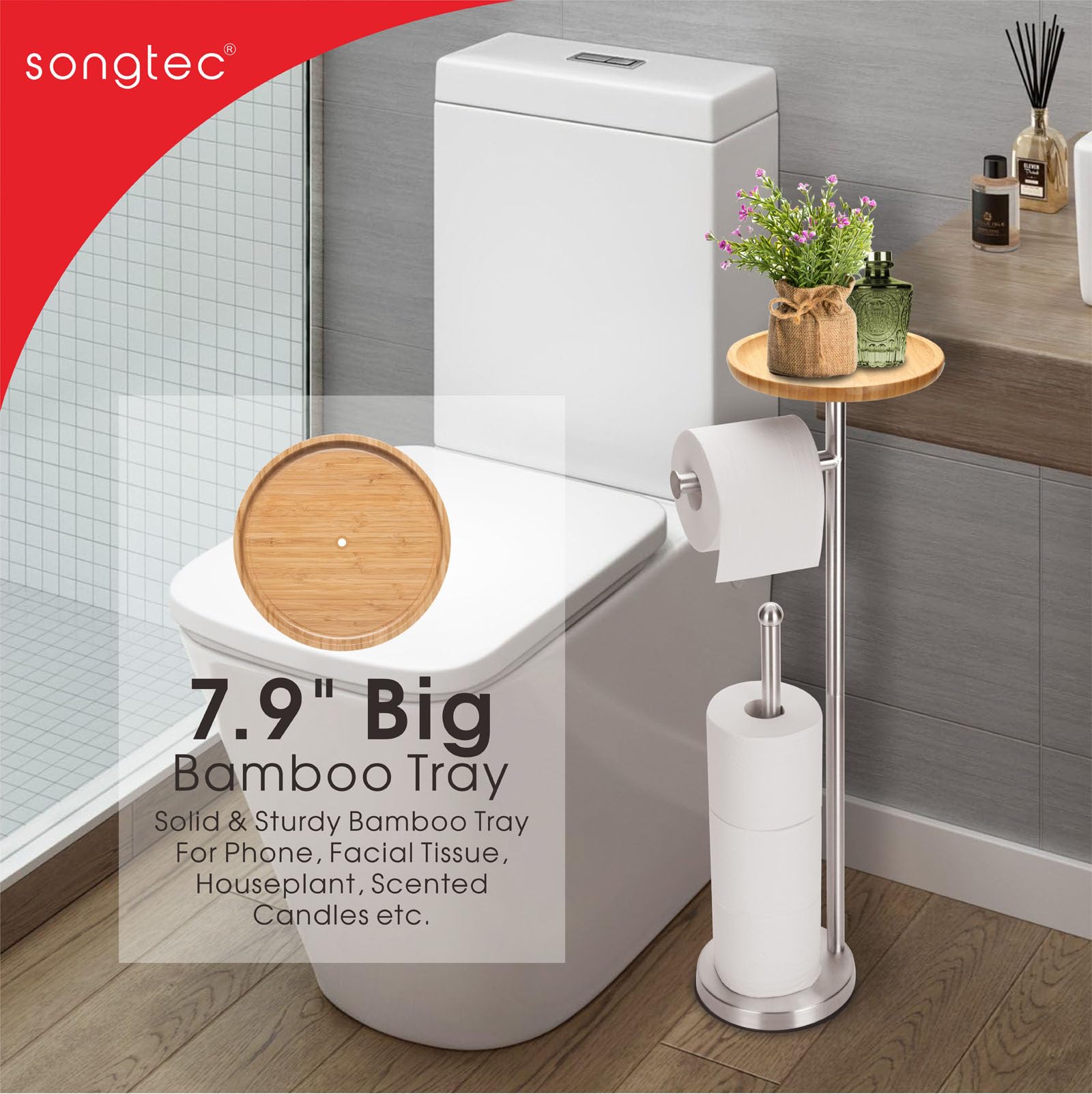 Toilet Paper Holder Stand With 7.9'' Big Bamboo Tray, Holds 5 Rolls, Floor Standing Paper Holder Storage Stand With Phone Shelf,