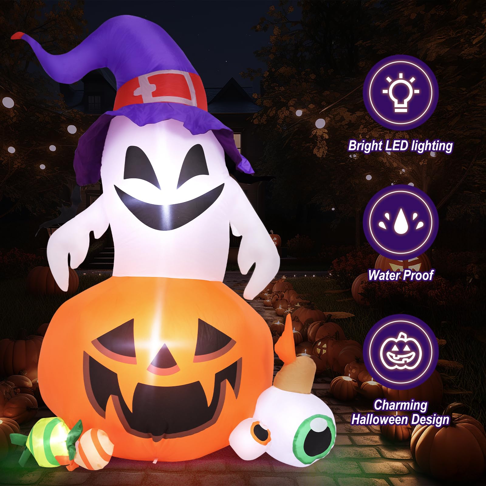 5FT Halloween Inflatable Outdoor Decoration Pumpkin Ghost with Built-in LEDs Blow Up for Halloween Party Holiday Indoor Outdoor