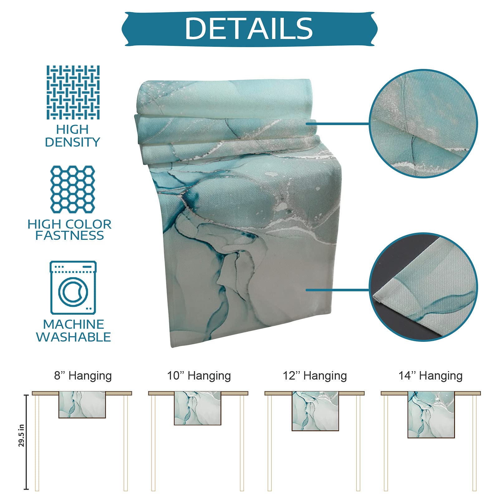 Blue Marble Table Runner 90 Inch And Place Mats Set Of 6 Green Gray Texture Cotton Linen Table Mats Set, Heat Insulation Washabl
