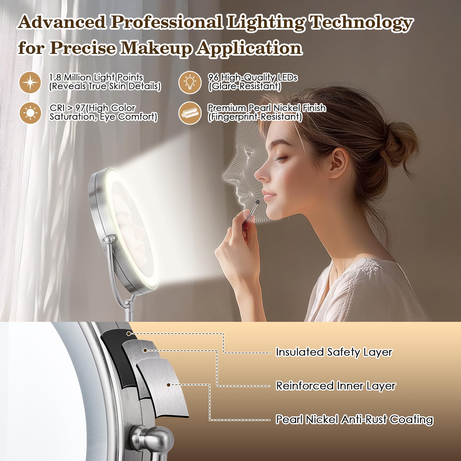 VESAUR 11" Lighted Makeup Mirror, 1X/5X Magnifying, 17" Tall, Pearl Nickel, Model D1003, 96 LEDs, 3 Color Modes