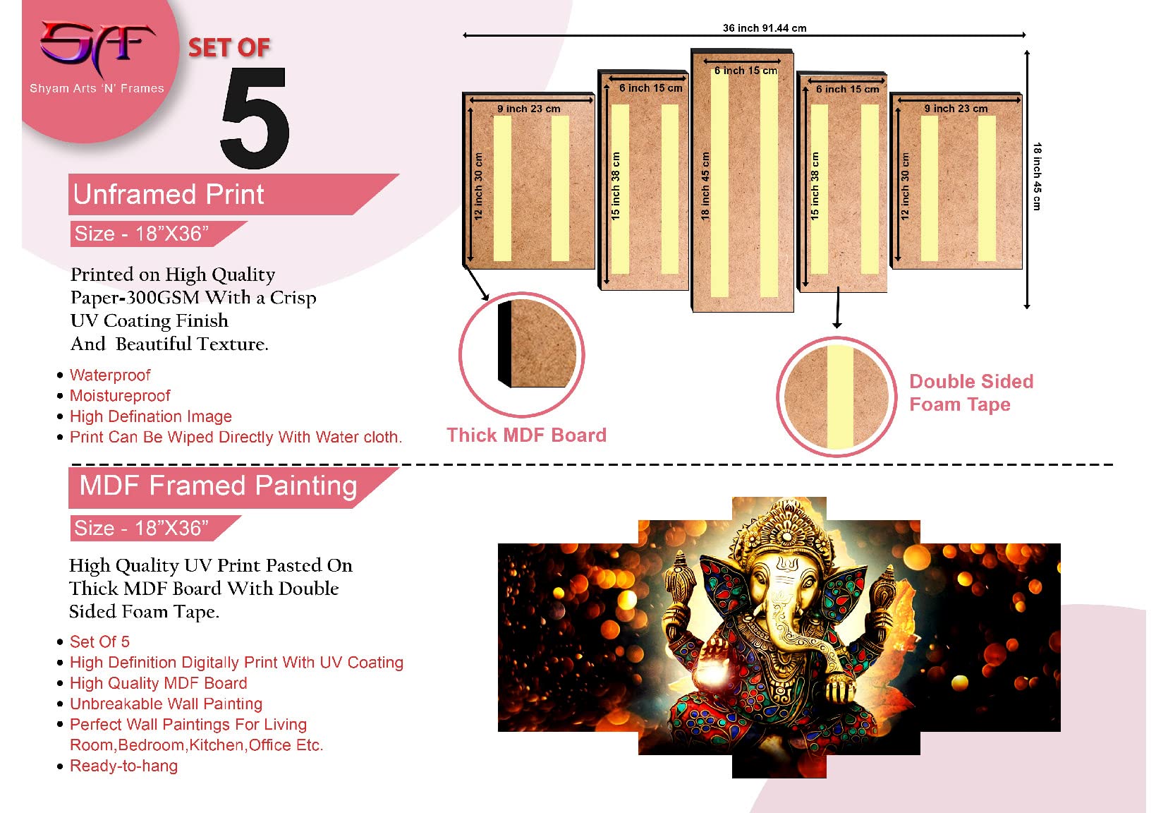 Saf Set Of 5 Wall Painting With Frame For Home Decoration, Living Room, Spa, Office, Hotel Big Size Wall D  Cor 36 Inch X 18 Inc