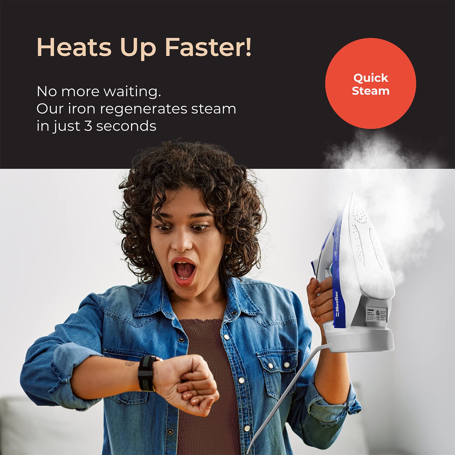 Mueller Professional Grade Steam Iron, Retractable Cord For Easy Storage, Shot Of Steam/Vertical Shot, 8 Ft Cord, 3 Way Auto Shu