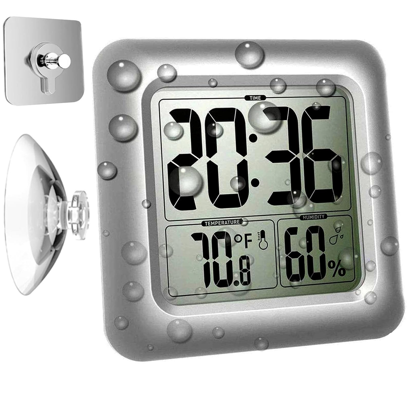Large Waterproof Bathroom Wall Clock, Big Water Resistant Hanging Shower Clock For Bath Countertop, Moisture Proof Temperature H