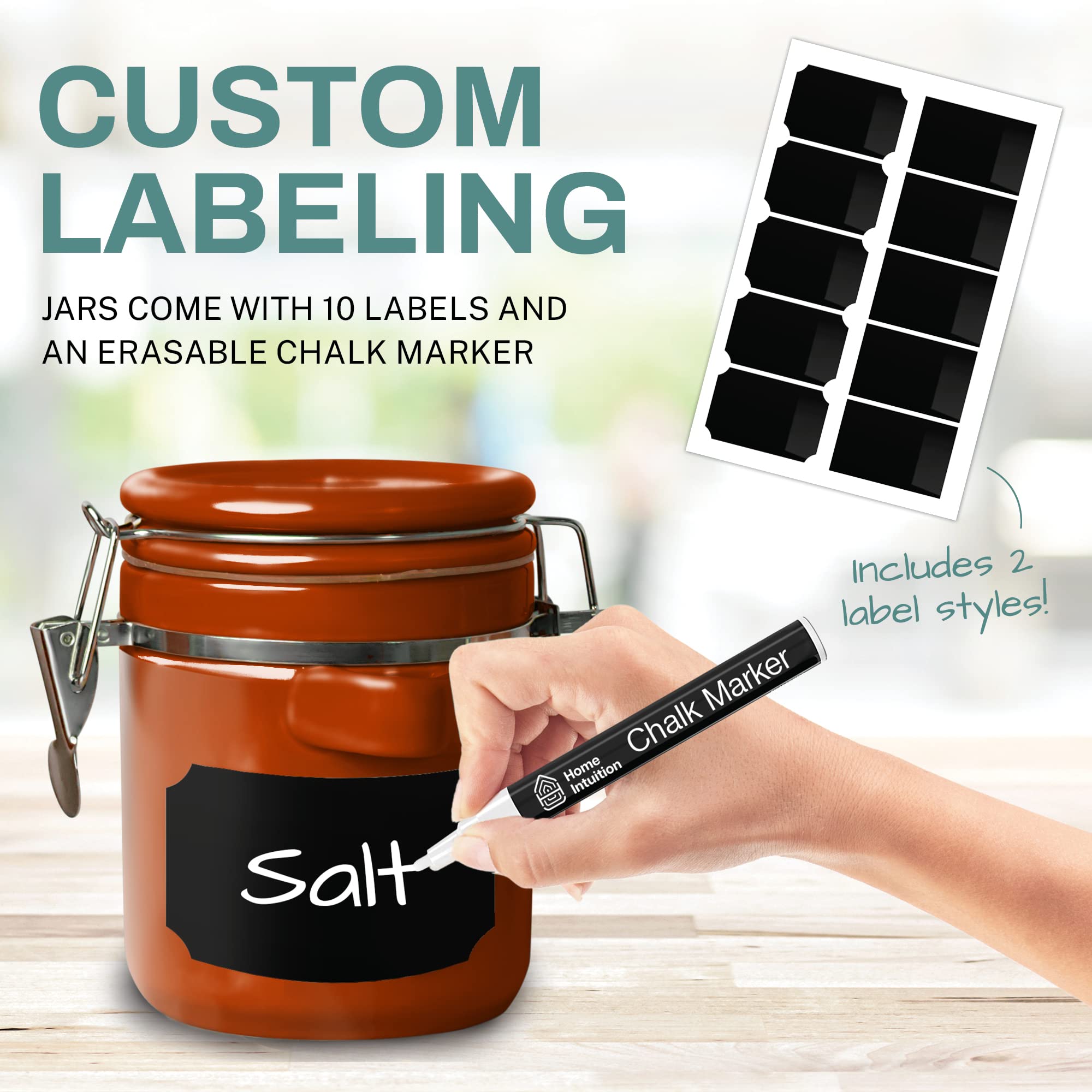 Home Intuition Ceramic Kitchen Canisters Set Of 4 With Wooden Spoon Set - Airtight Containers, Metal Latches For Utmost Freshnes