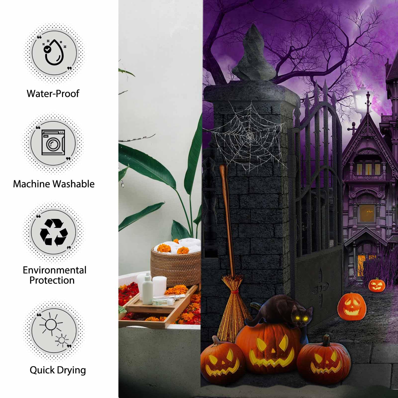 Allenjoy 72'' X 72'' Purple Halloween Shower Curtain For Bathroom Set Scary Night Moon Gothic Haunted House Pumpkin Courtyard Do