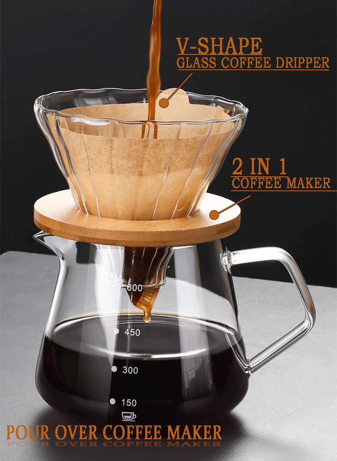 Cofisuki Pour Over Coffee Maker - 20 Oz /600Ml Glass Carafe Coffee Server With Glass Coffee Dripper/Filter, Drip Coffee Maker Se