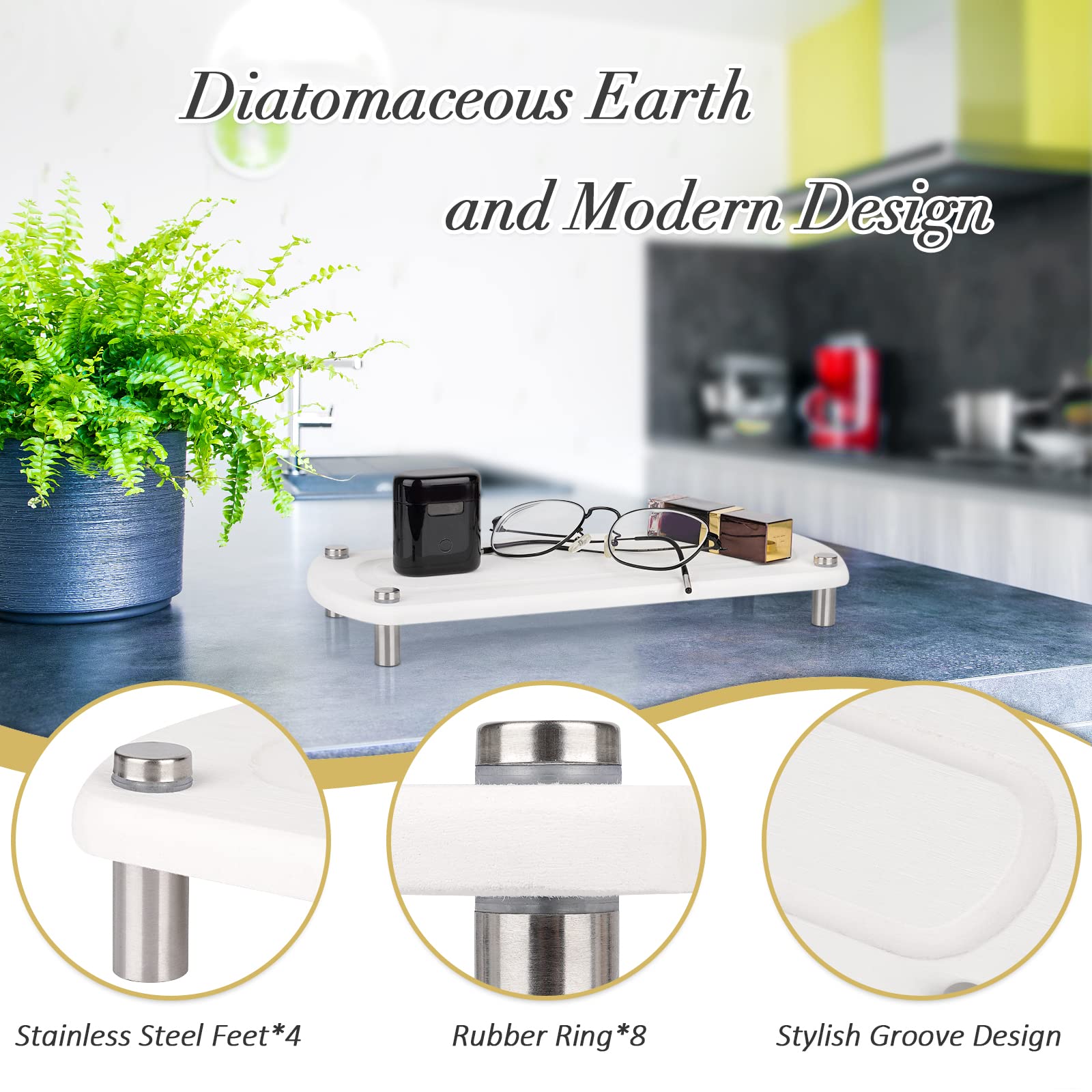 Ozzptuu Sink Caddy Instant Dry Kitchen Sink Organizer Sponge Holder for Kitchen Sink Diatomaceous Pedestal Stand Riser with Stainless Steel Feet Protection for Modern Home (White 2pc)