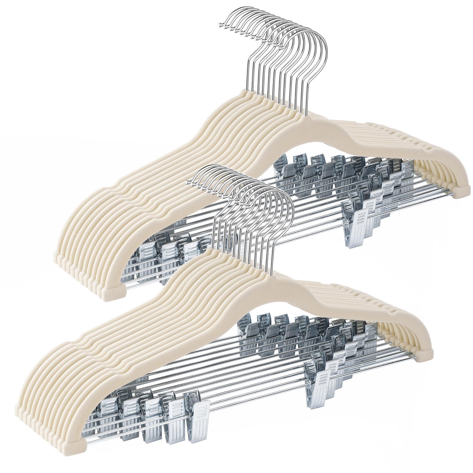 Ulimart 24-Pack Beige Velvet Hangers,Pants Hangers With Clips Adjustable,Felt Hangers,Heavy-Duty,Non-Slip,Space Saving,Slim Clot