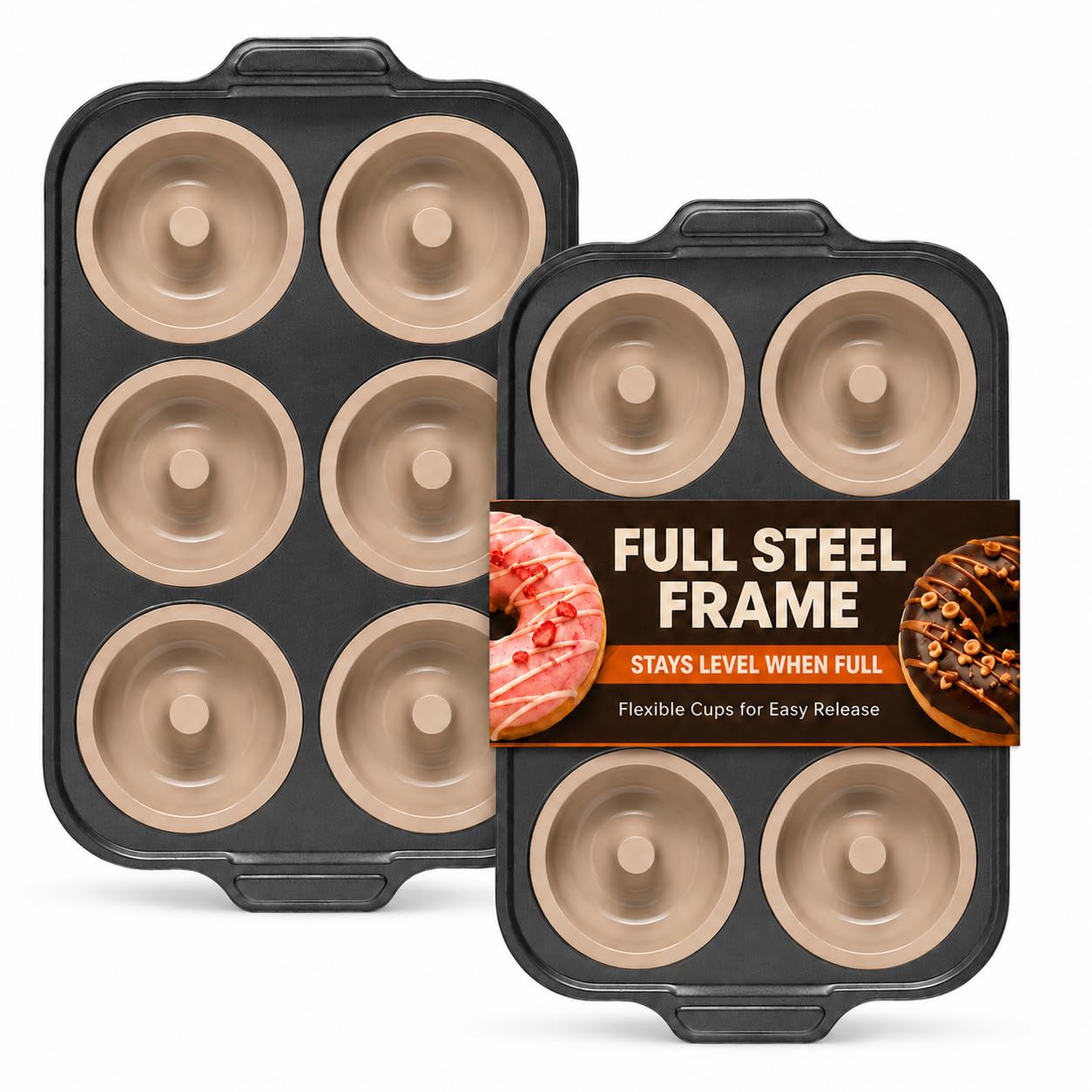BRONYPRO 2 Pack Silicone Donut Pan for Baking with Metal Reinforced Frame, 6Cavity Nonstick Doughnut Mold, Large Donut Size, Fo