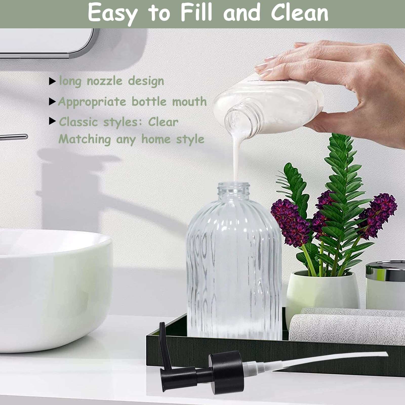 Clear Glass Soap Dispenser With Pump, 2 Pack 13.5Oz Bathroom Soap Dispenser With Vertical Stripe For Hand Wash And Dish Wash, El