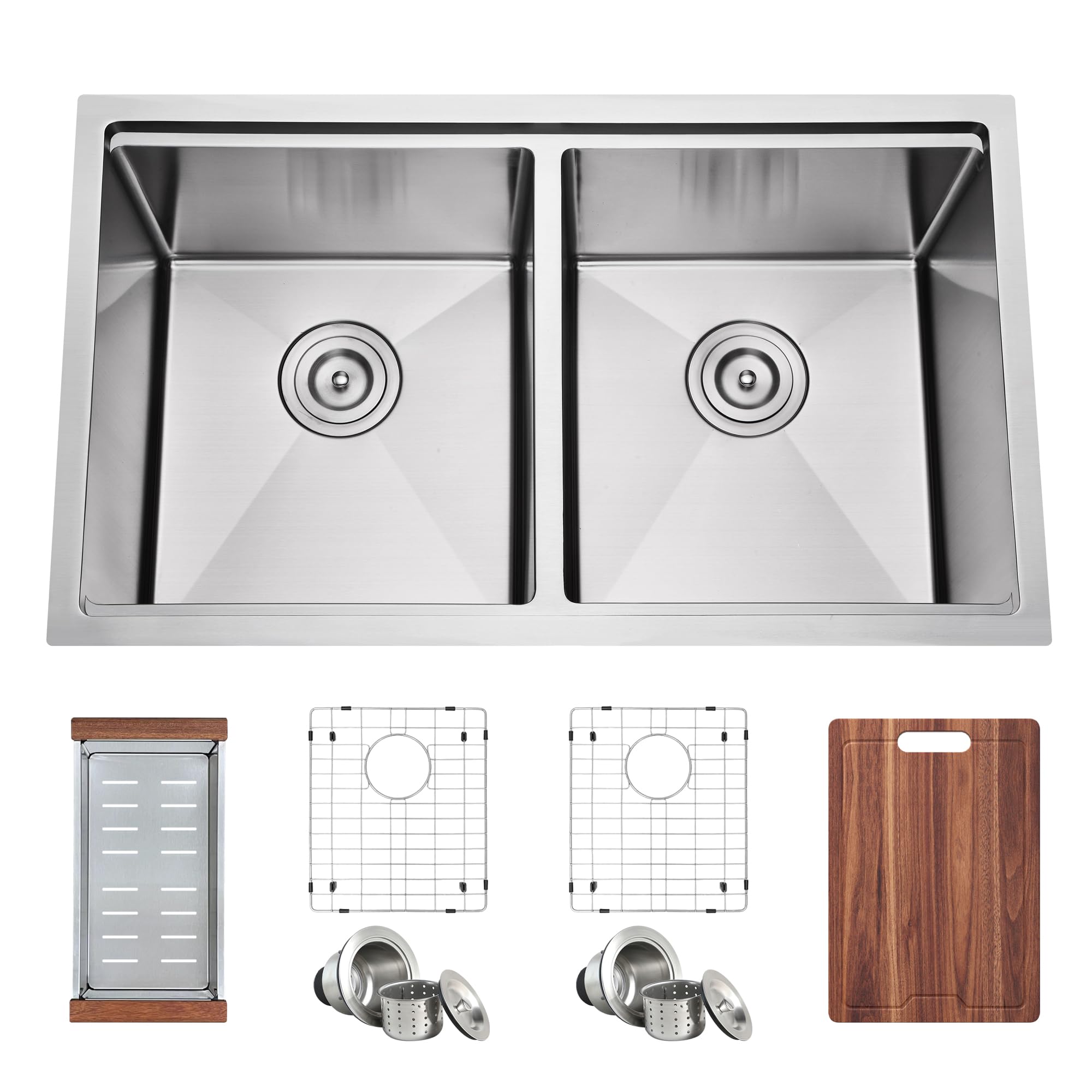 Blenzia 32 Inch Double Bowl Kitchen Sink 16 Gauge Stainless Steel Undermount Workstation 50/50 Double Bowl Sinks With Integrated