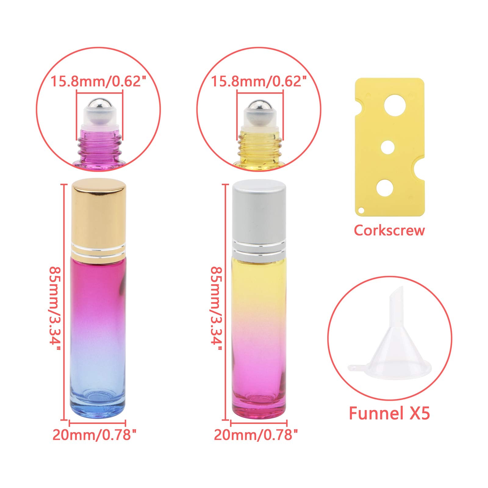 Jiuwu 10 Pack 10Ml 1/3 Oz Gradient Color Glass Stainless Ball Roller Bottles Beauty Cosmetic Essential Oils Vials Bottles 5 Funn