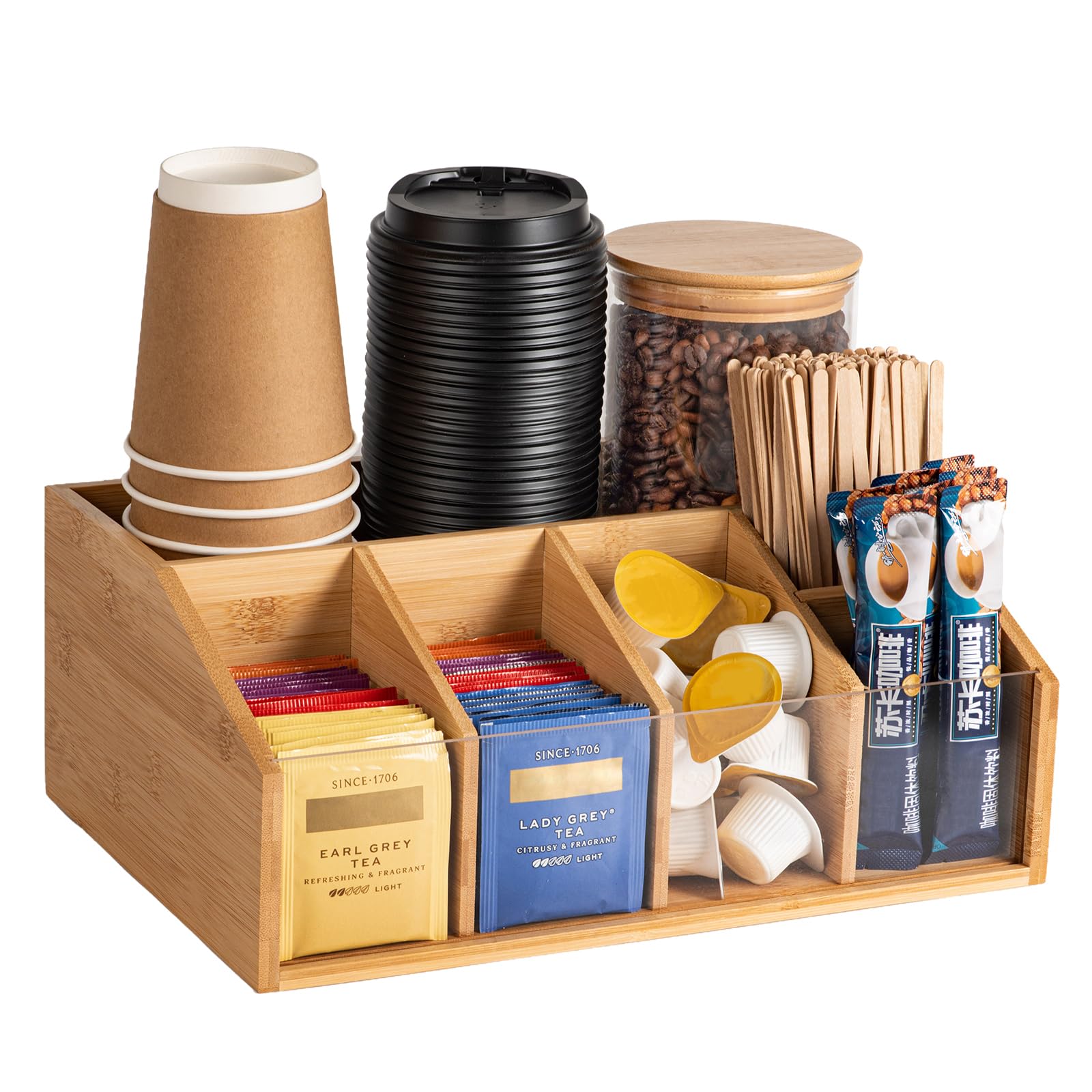 Bamboo Coffee Station Organizer for Countertop, Coffee Bar Accessories Organizer with 6 Compartments for Tea Bags Condiment, Pod