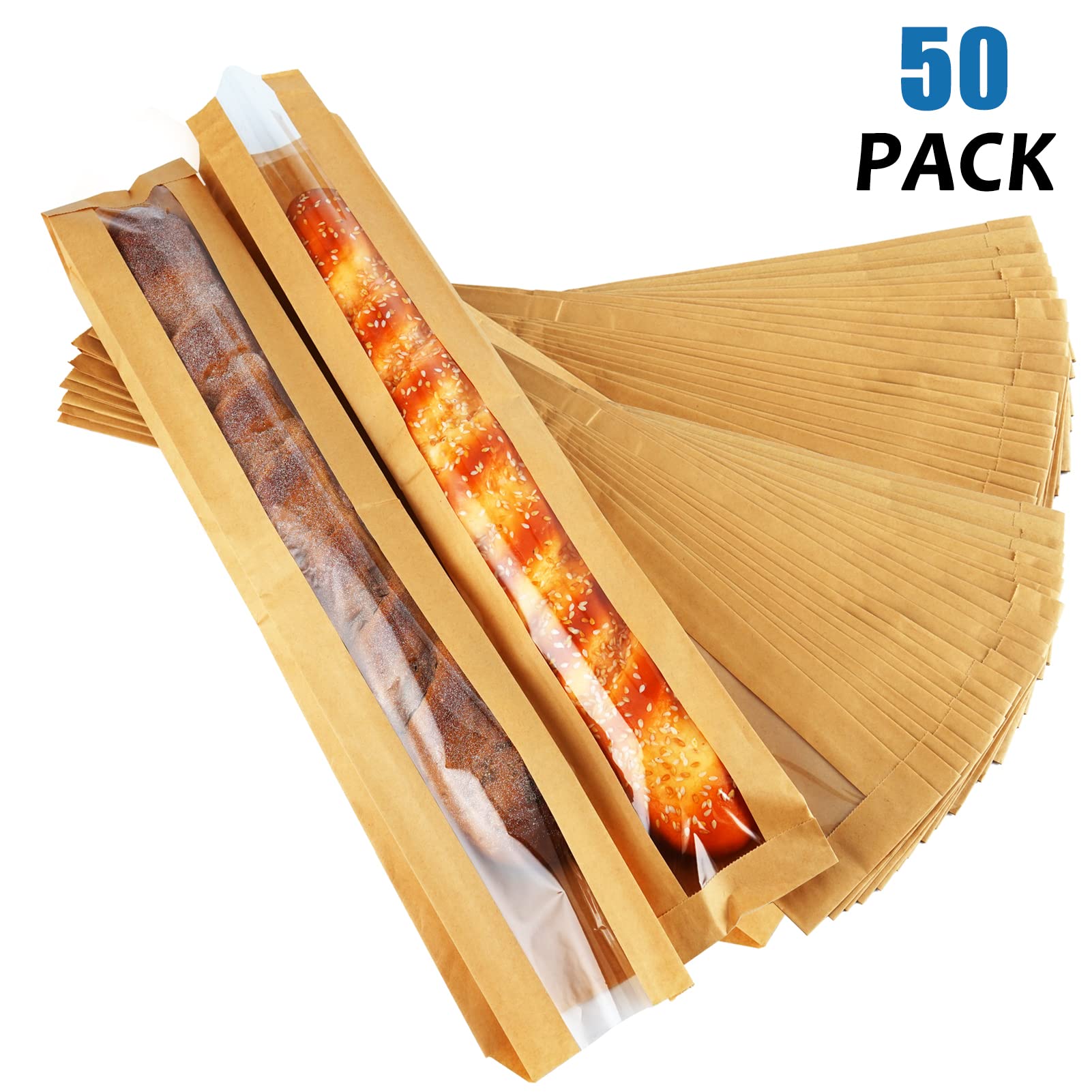Pakiper 50 Pack Cookie Packaging Bread Bags,Baguette Bags For Bread,Kraft Paper Bread Bags With Front Window, For Homemade Bread