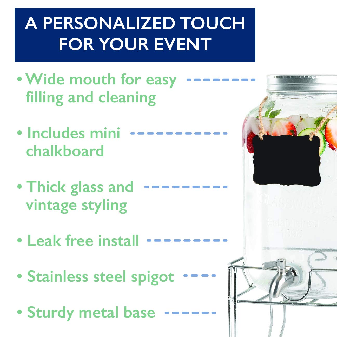 Ilyapa Outdoor Glass Beverage Dispenser with Sturdy Metal Base & Stainless Steel Spigot -2 Gallon Drink Dispenser for Lemonade  Tea  Cold Water & More