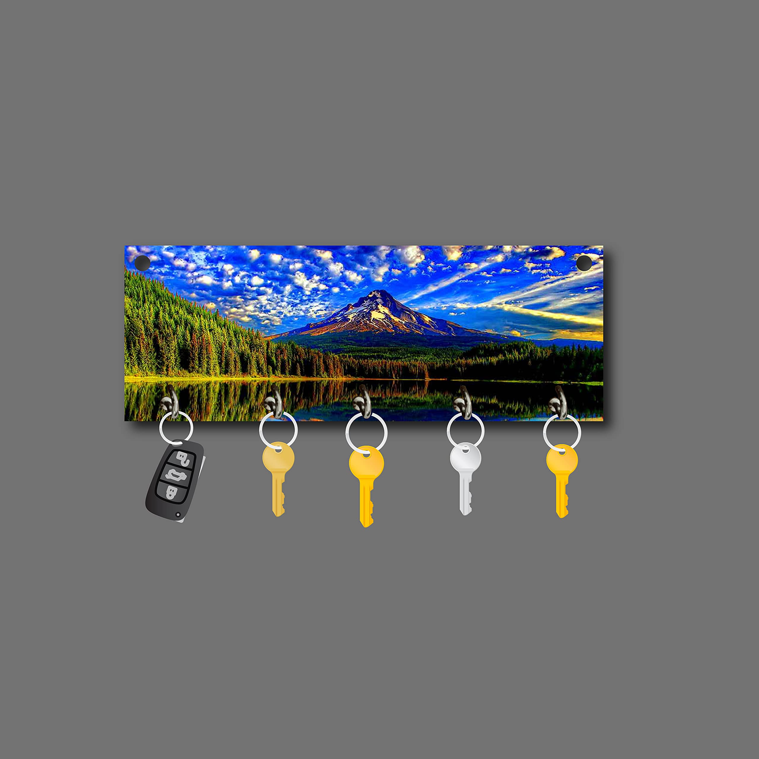 BIRDS MIND Mountain Scenery Art Brown MDF Wooden Wall Mount Key Holder 5 Hooks for Home Living Room Office Key Hanger L x H 30 