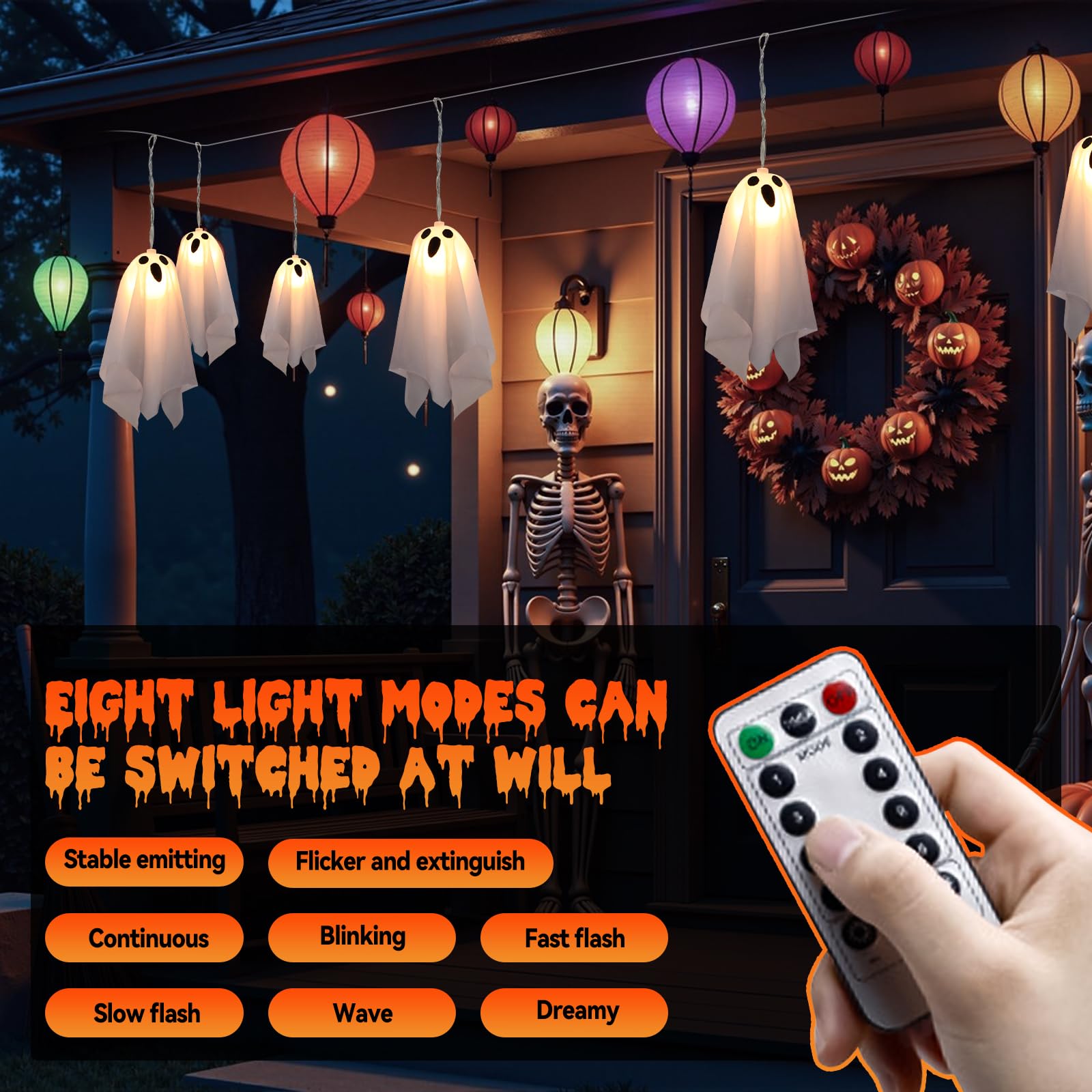 Halloween Decorations Outdoor Hanging Ghosts, Hanging Ghost String Lights 20FT LED Ghost Light with White Creep Cloth and Black